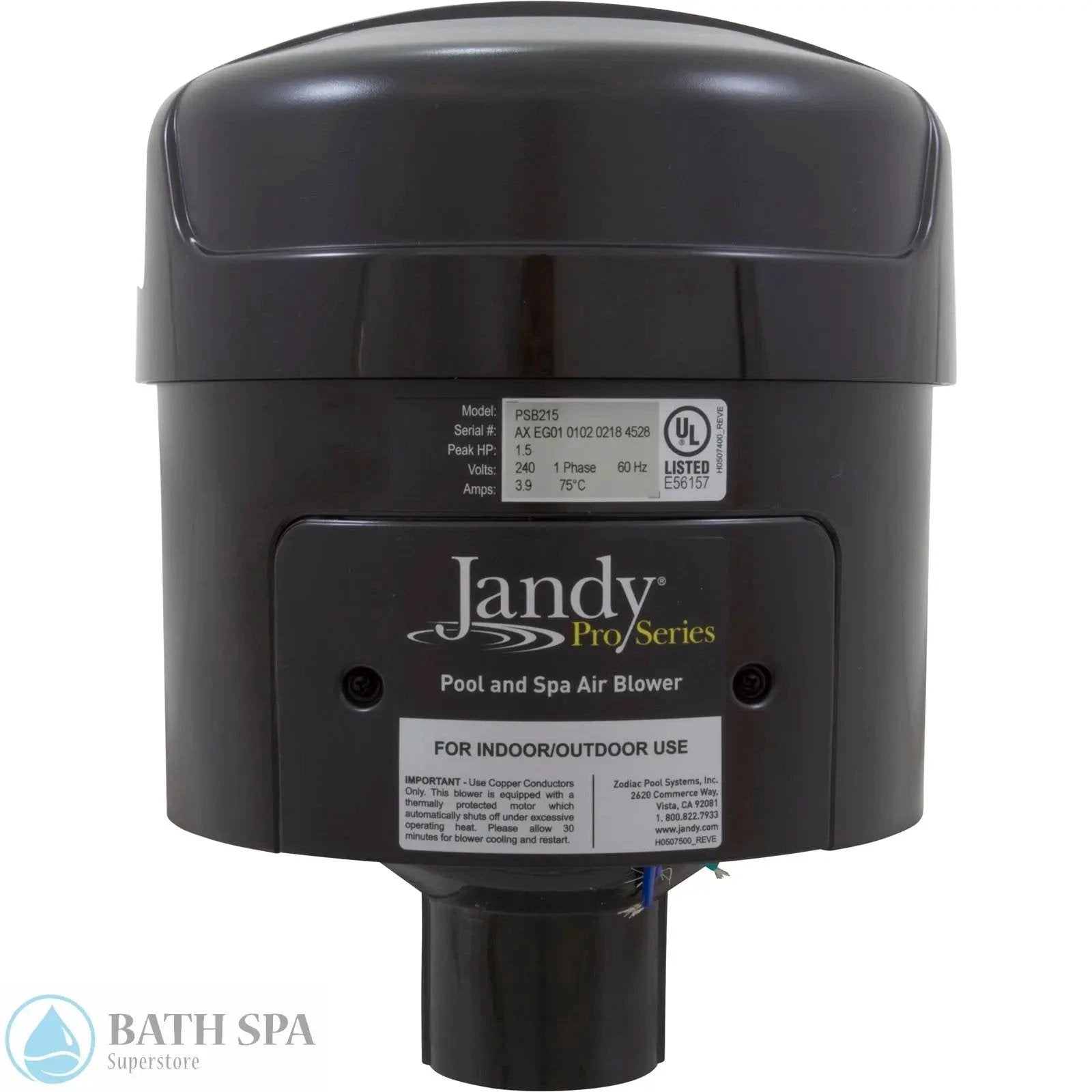 Zodiac Polaris Jandy Pro Series Pool And Spa Air Blower 1.5HP 230V For Indoor Outdoor Use Spa Parts: Spa Air Blowers (Residential - Bottom Mount) 34-100-1125_5-SIDE__XL