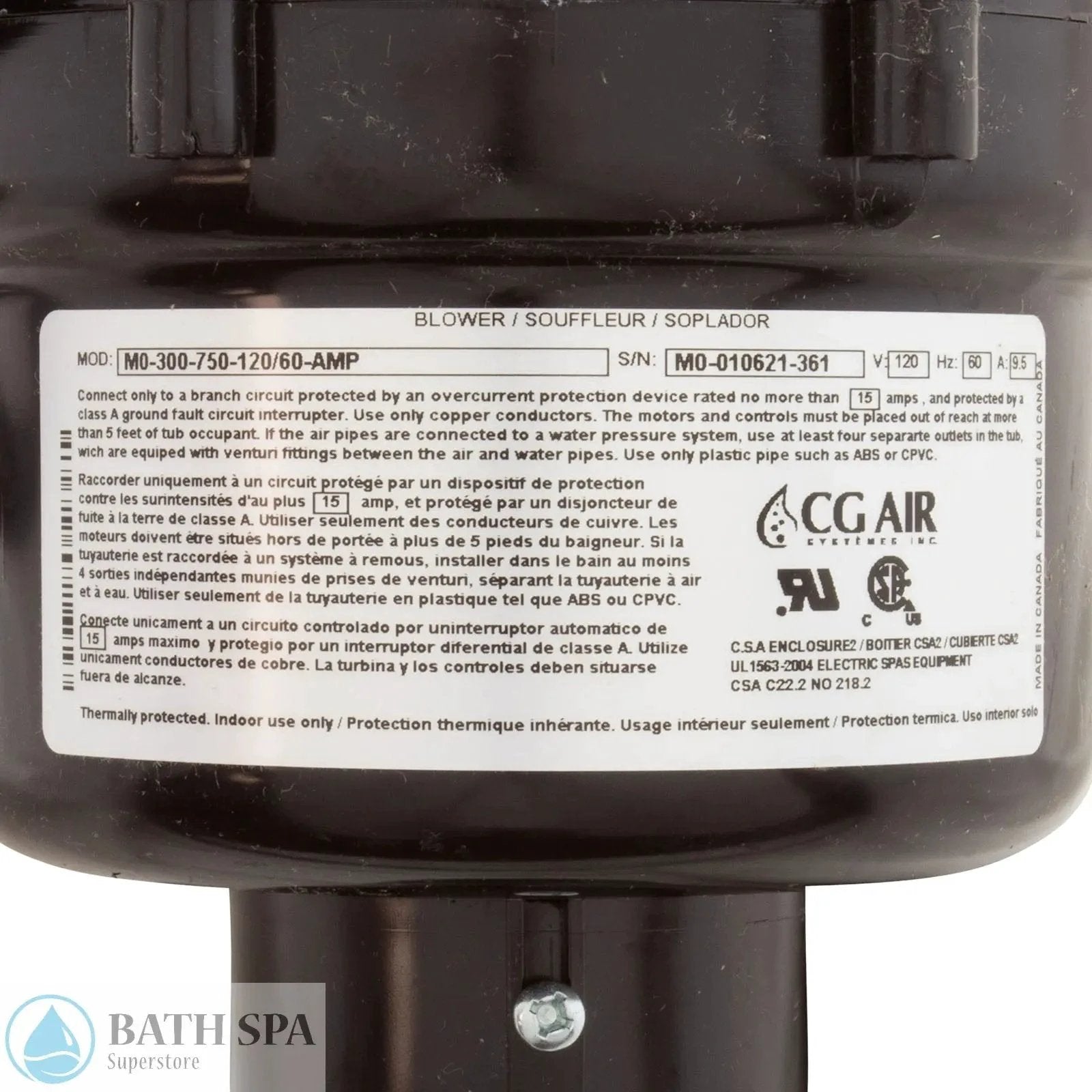 Air Blower, CG Air Millenium, var-spd, 115v, 9.5A, w/Heater, 3ft AMP Bath Parts: Bath Air Blowers 34-122-1010_2-MANLABEL__XL