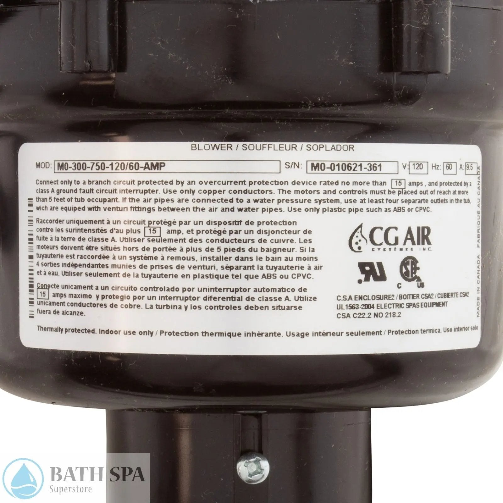 Air Blower, CG Air Millenium, var-spd, 115v, 9.5A, w/Heater, 3ft AMP Bath Parts: Bath Air Blowers 34-122-1010_2-MANLABEL__XL