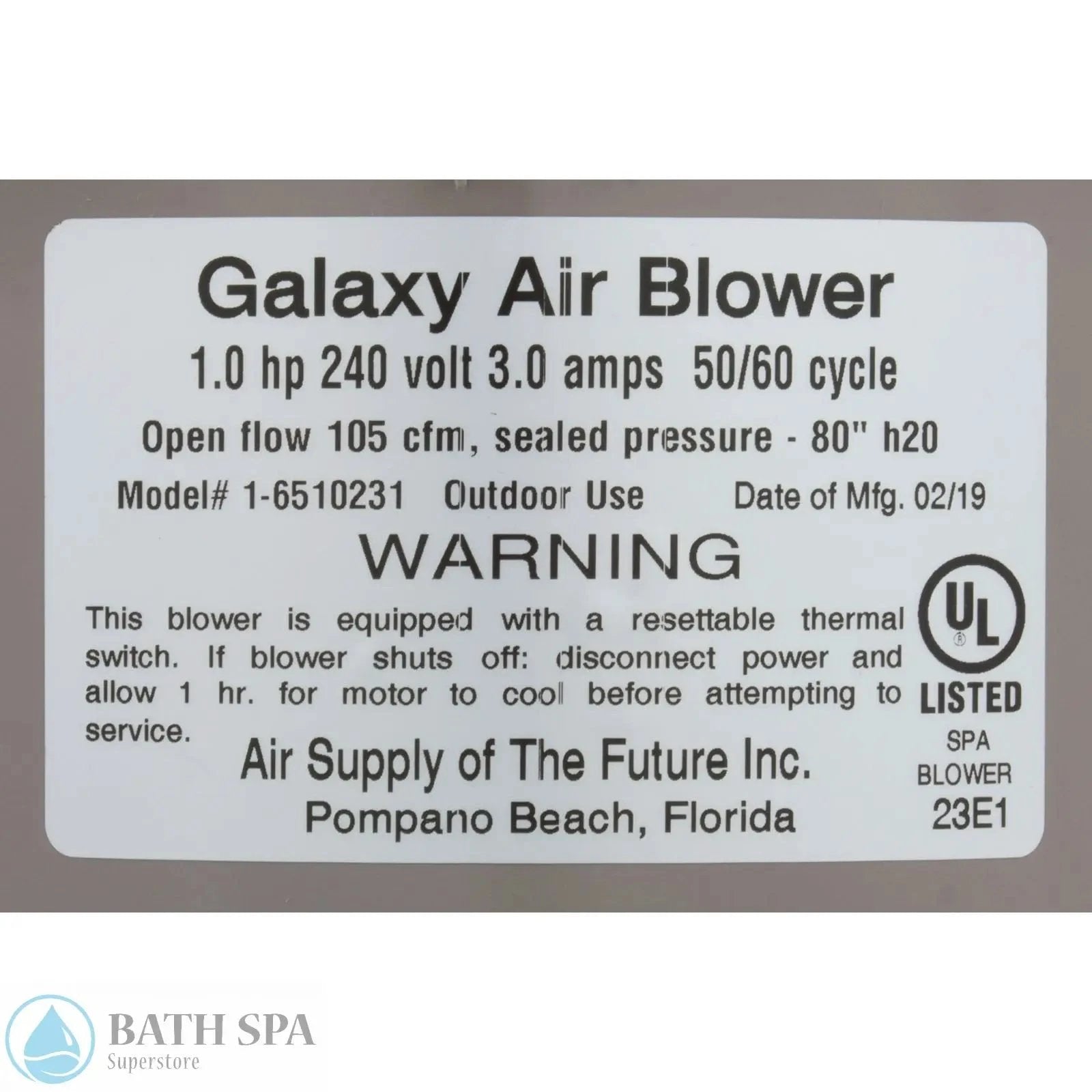 Air Supply Galaxy Pro 1.0 HP Air Blower 240V 3.0 Amps Indoor Outdoor Quiet Performance Bath Parts: Bath Air Blowers 34-123-1431_2-MANLABEL__XL