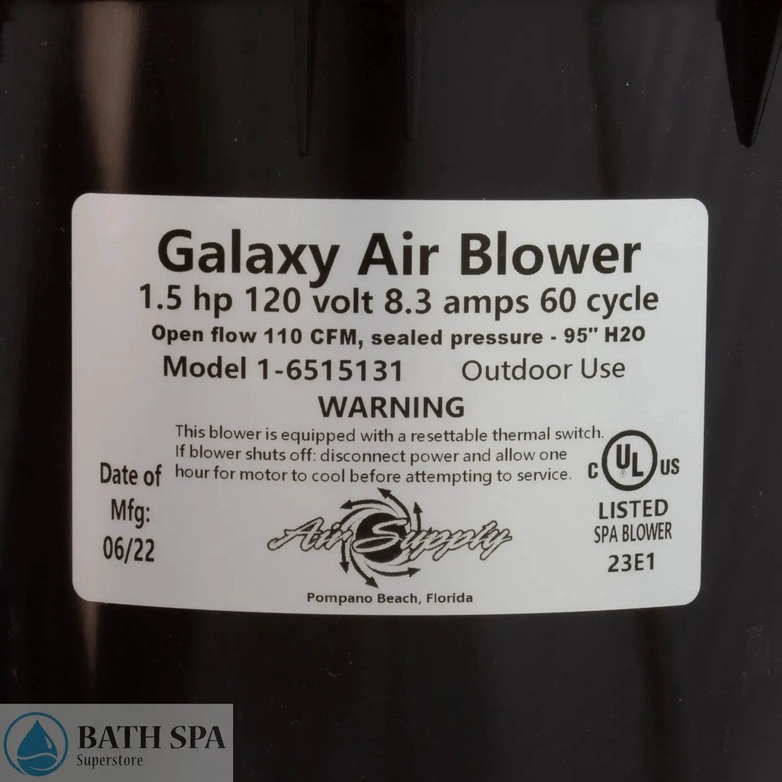Air Supply Galaxy Pro 1.5 HP Air Blower 120V 7.4 Amps Indoor Outdoor Quiet Operation Top or Side Mount Discharge 6515131 Bath Parts: Bath Air Blowers 34-123-1445_2-MANLABEL__XL