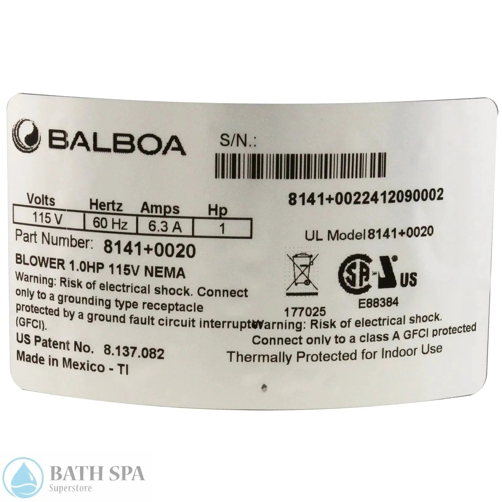 Balboa 1.0 HP Quiet Flo Air Blower 115V Spa Systems Bath Parts: Bath Air Blowers 34-138-1210_4-LABEL__XL