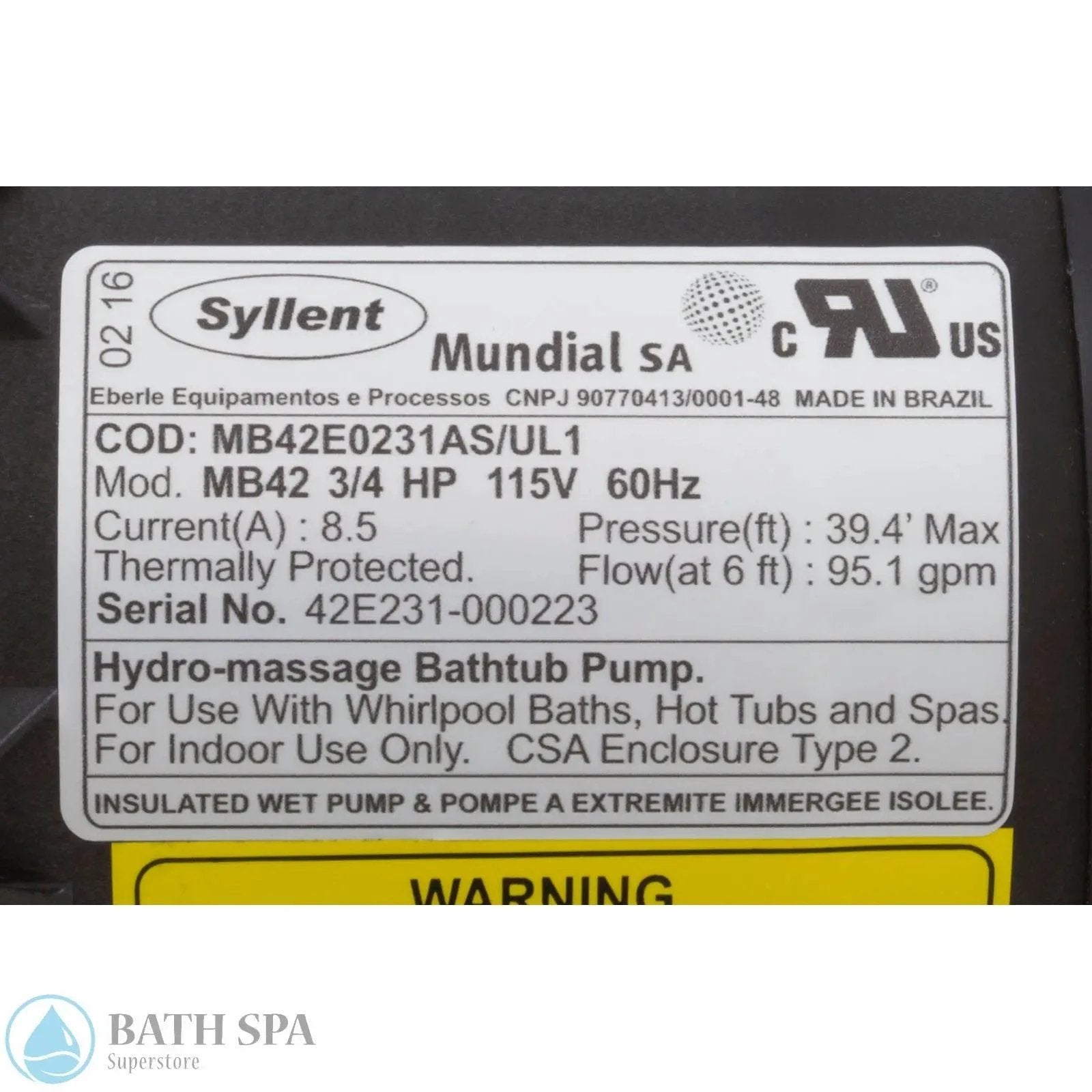 Syllent Pump, 3/4 HP, 115v/60Hz, Nema Plug, Air Switch (MB42E0231AS/UL1) Bath Pumps & Parts: Bath Pumps (Syllent) 34-326-1015_2-MANLABEL__XL