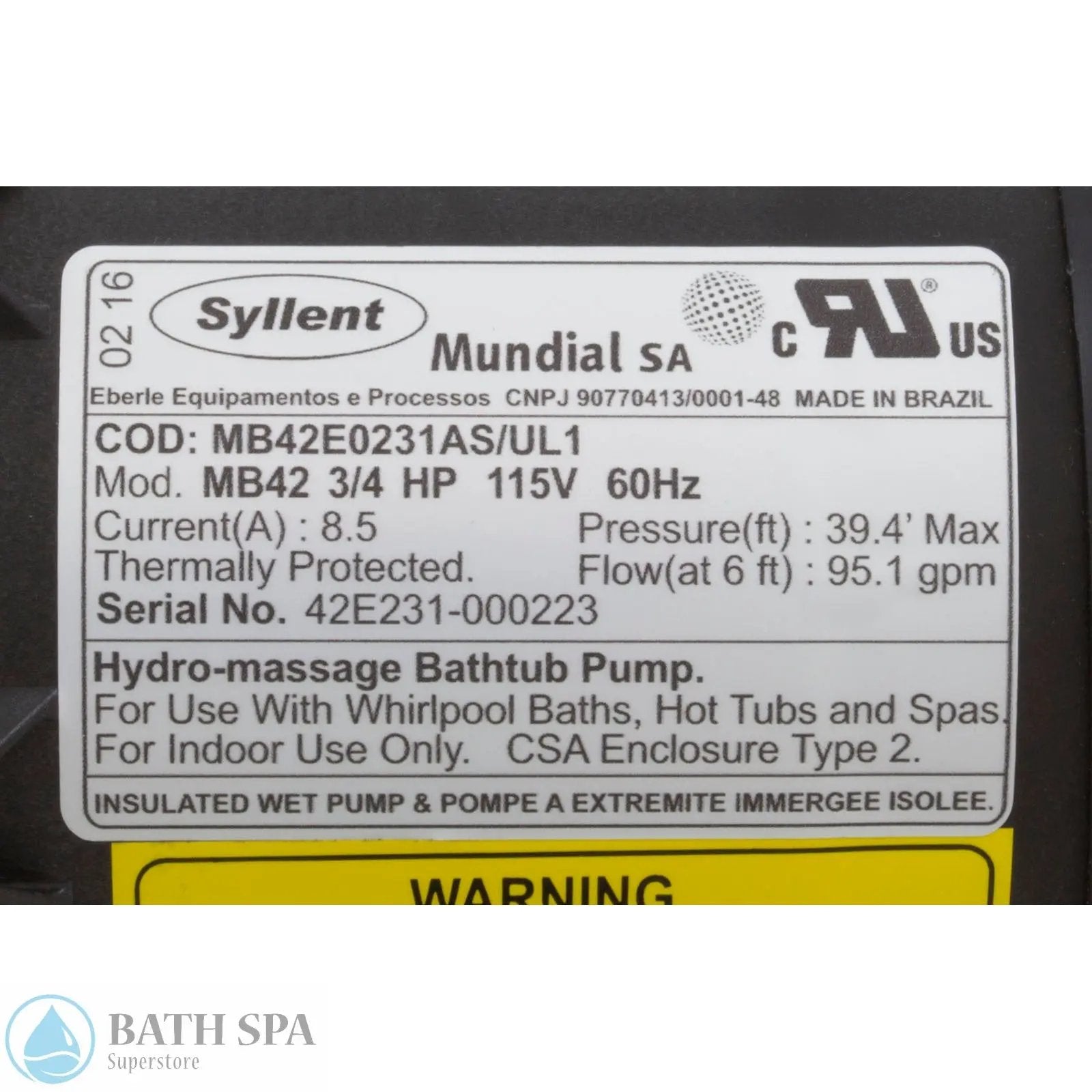 Syllent Pump, 3/4 HP, 115v/60Hz, Nema Plug, Air Switch (MB42E0231AS/UL1) Bath Pumps & Parts: Bath Pumps (Syllent) 34-326-1015_2-MANLABEL__XL