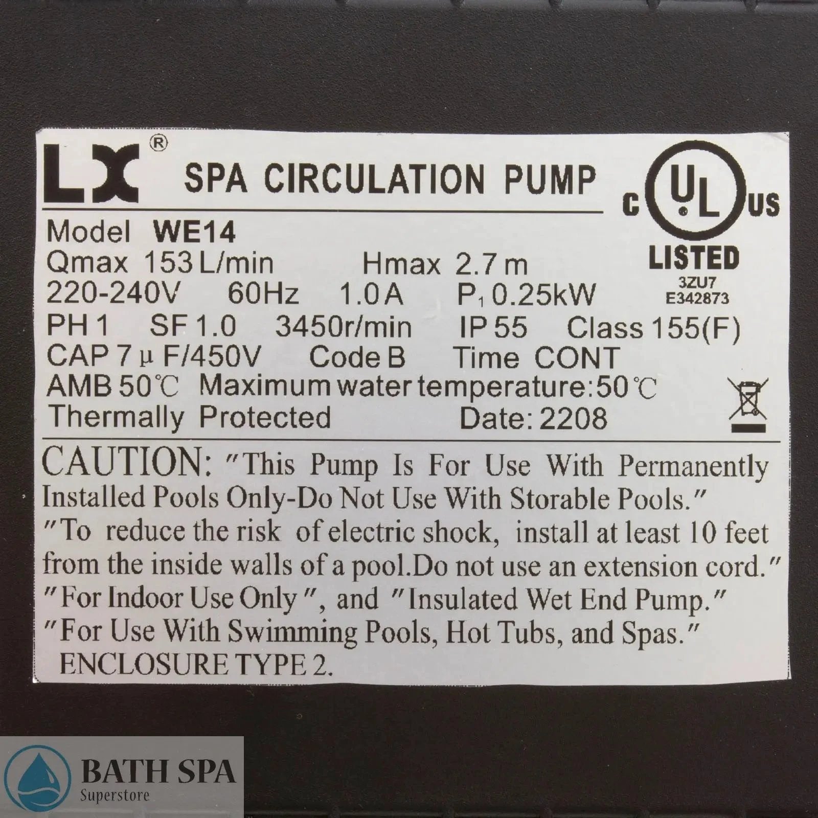 Baptismal Pump, Circ Pump, 1/8hp, 230v, 1-Spd, 1-1/2", 6" 4 Pin AMP Bath Parts: Baptismal Pump 34-343-1090_2-MANLABEL__XL_6d6dfd6d-3e80-4273-93a7-61ed0af385f4