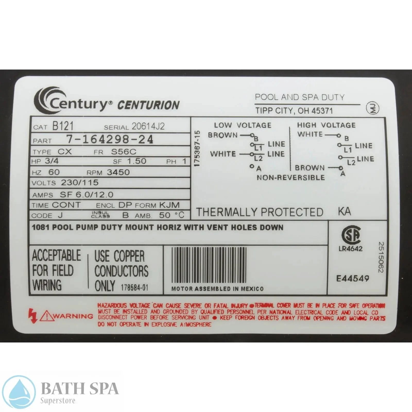 A O Smith Century C Face Three Quarter Horsepower Motor Single Phase 1S Keyed Shaft 115 230 V B121 Spa Pumps & Parts: Spa Pump Motors (C-Face) 35-126-1402_2-MANLABEL__XL