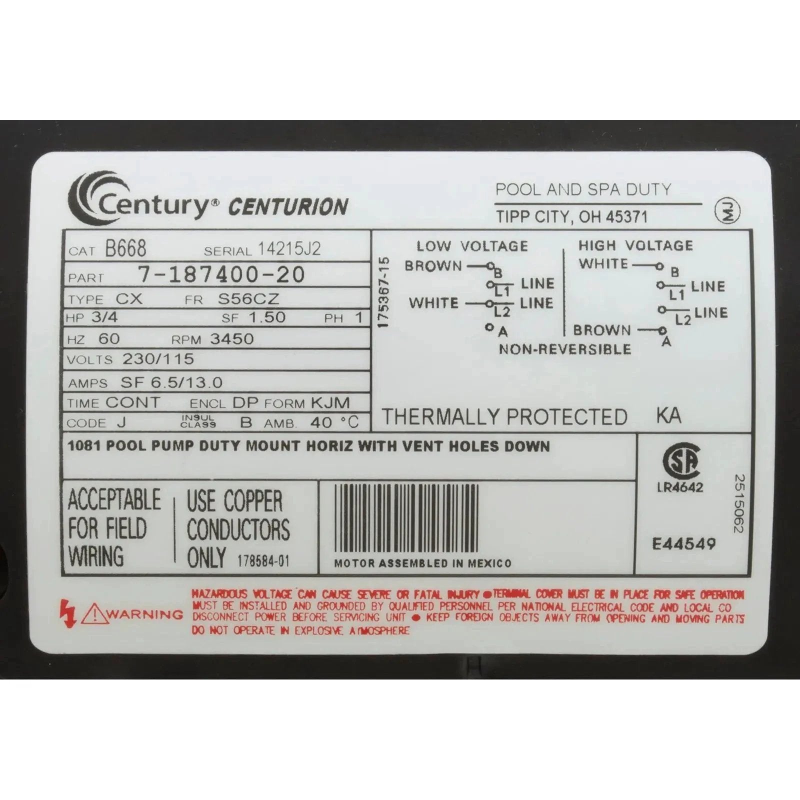Century C Face Three Quarter HP Motor Single Phase 115 230 Volt B668 OEM Replacement Spa Pumps & Parts: Spa Pump Motors (C-Face) 35-126-1438_2-MANLABEL__XL