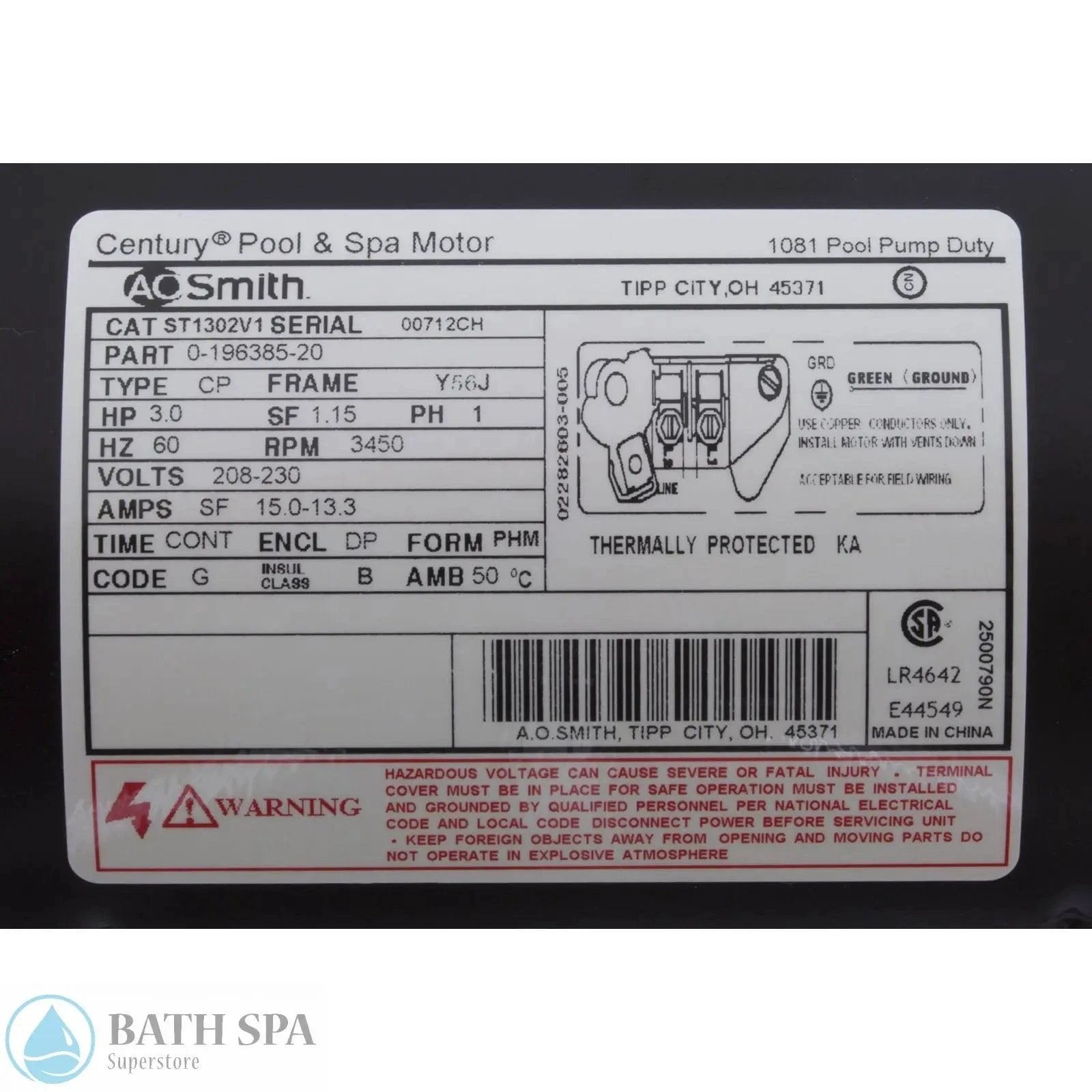 A.O. Smith Century C Face 3 HP Motor 56J Two Speed Threaded 208 to 230 Volt ST1302V1 Spa Pumps & Parts: Spa Pump Motors (56-Frame) 35-126-3032_2-MANLABEL__XL