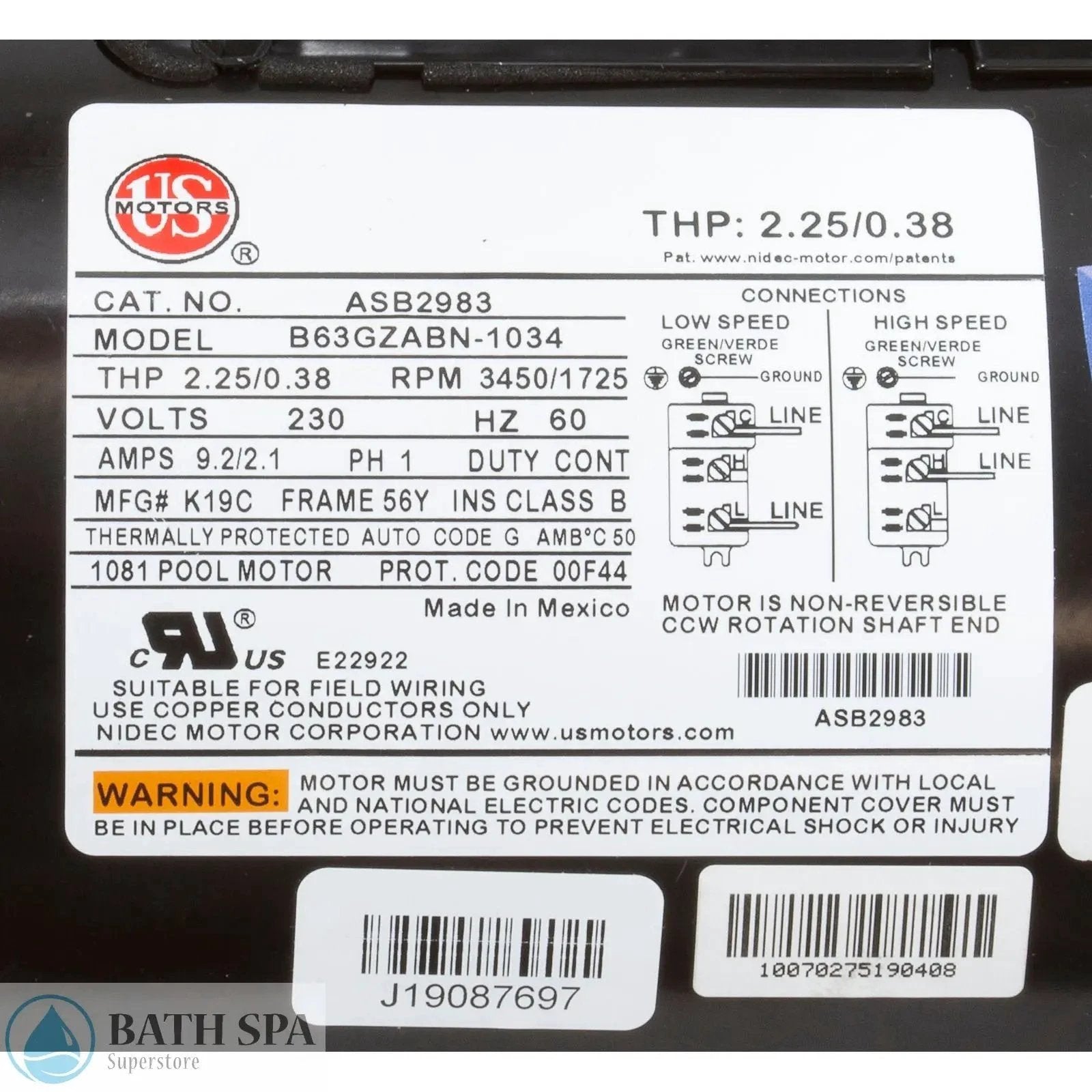 US Motor Square Flange Pool And Spa Motor 2.0 HP Two Speed 230V 56Y Frame Full Rated Spa Pumps & Parts: Spa Pump Motors (C-Face) 35-184-1518_2-MANLABEL__XL