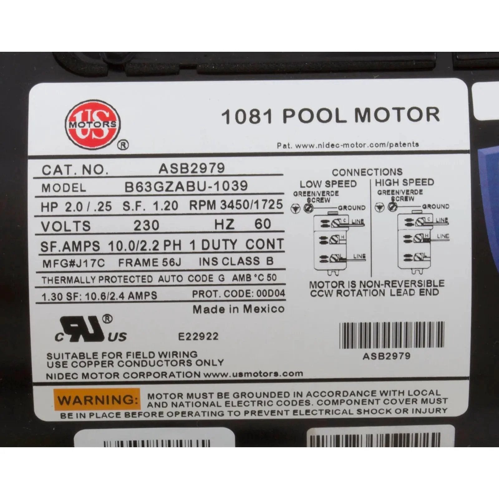 NIDEC US Motor C Face Two Speed 230 Volt Magnetic Motor With Threaded Shaft 56J Frame Spa Pumps 35-184-2979-MANLABEL