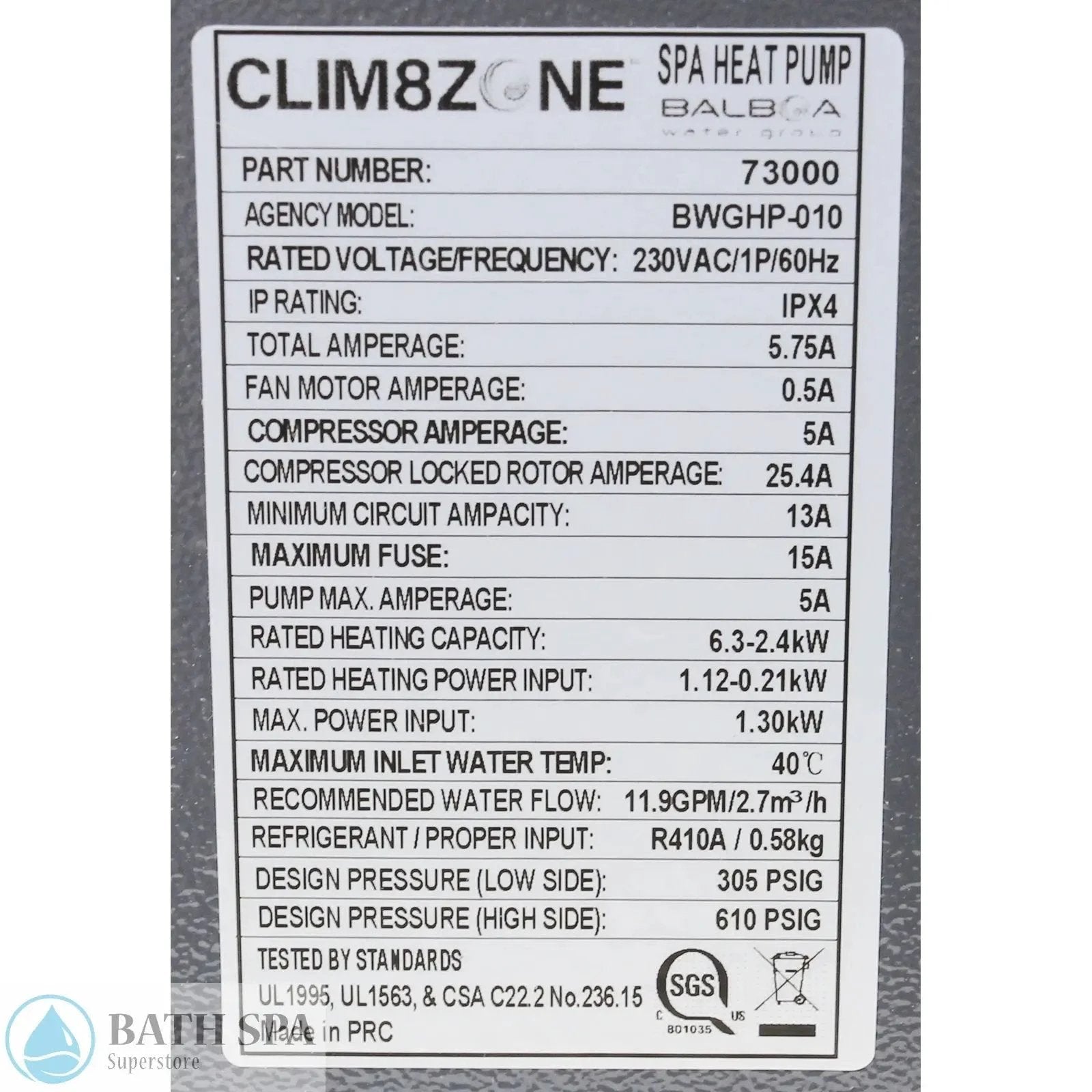 Balboa Heat Pump, Clim8Zone, 2", 115v (73011) Spa Parts: Spa Heaters (Balboa Spa Heaters) 46-138-1110_4-LABEL__XL_55f68dab-a7e5-461d-b9f8-045029870a4e