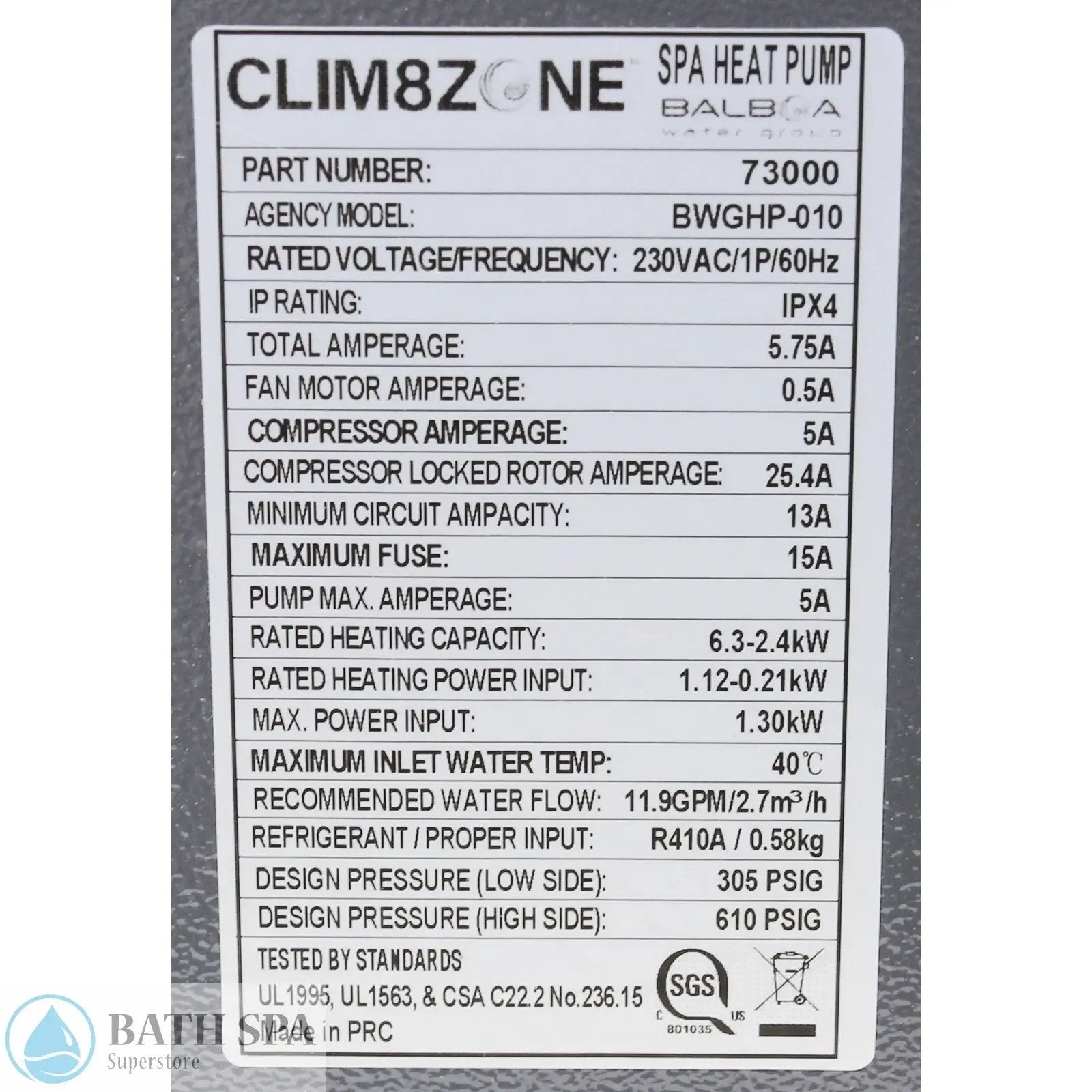 Balboa Heat Pump, Clim8Zone, 2", 115v (73011) Spa Parts: Spa Heaters (Balboa Spa Heaters) 46-138-1110_4-LABEL__XL_55f68dab-a7e5-461d-b9f8-045029870a4e