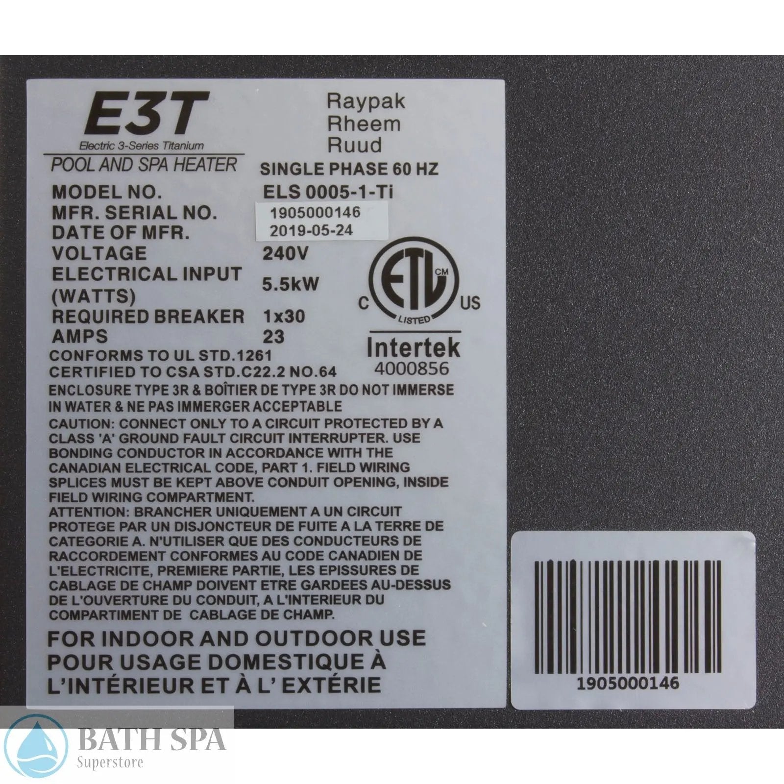 Raypak E3T, Digital Electric Heater, 1-1/2" mpt, 230v, 5.5kW (017121) Spa Parts: Spa Heaters (Raypak Spa Heaters) 46-197-1010_3-MANLABEL__XL_baeeacdb-c720-4e2d-9d7d-f781eabb2e8c