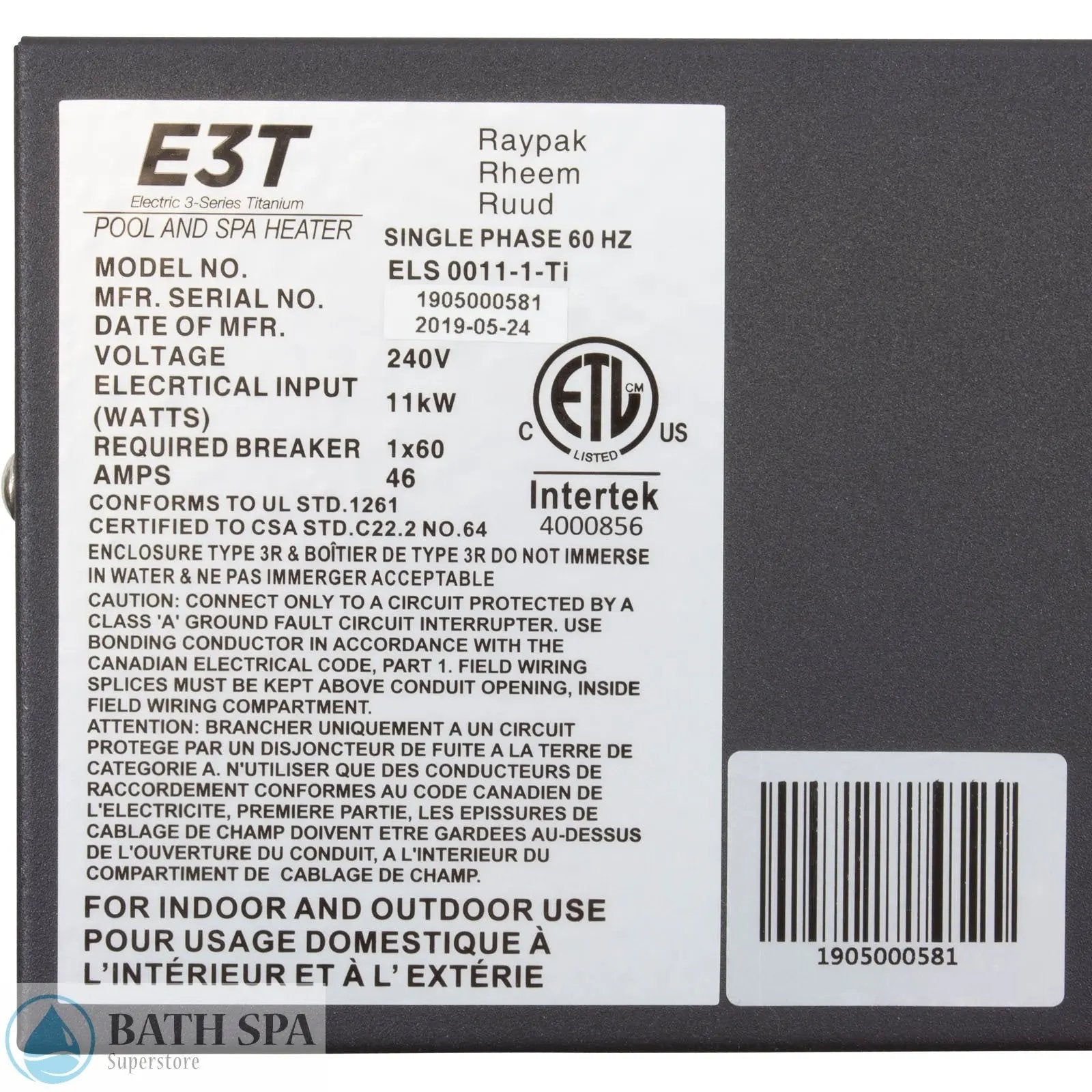 Raypak E3T, Digital Electric Heater, 1-1/2" mpt, 230v, 11kW (017122) Spa Parts: Spa Heaters (Raypak Spa Heaters) 46-197-1060_3-MANLABEL__XL