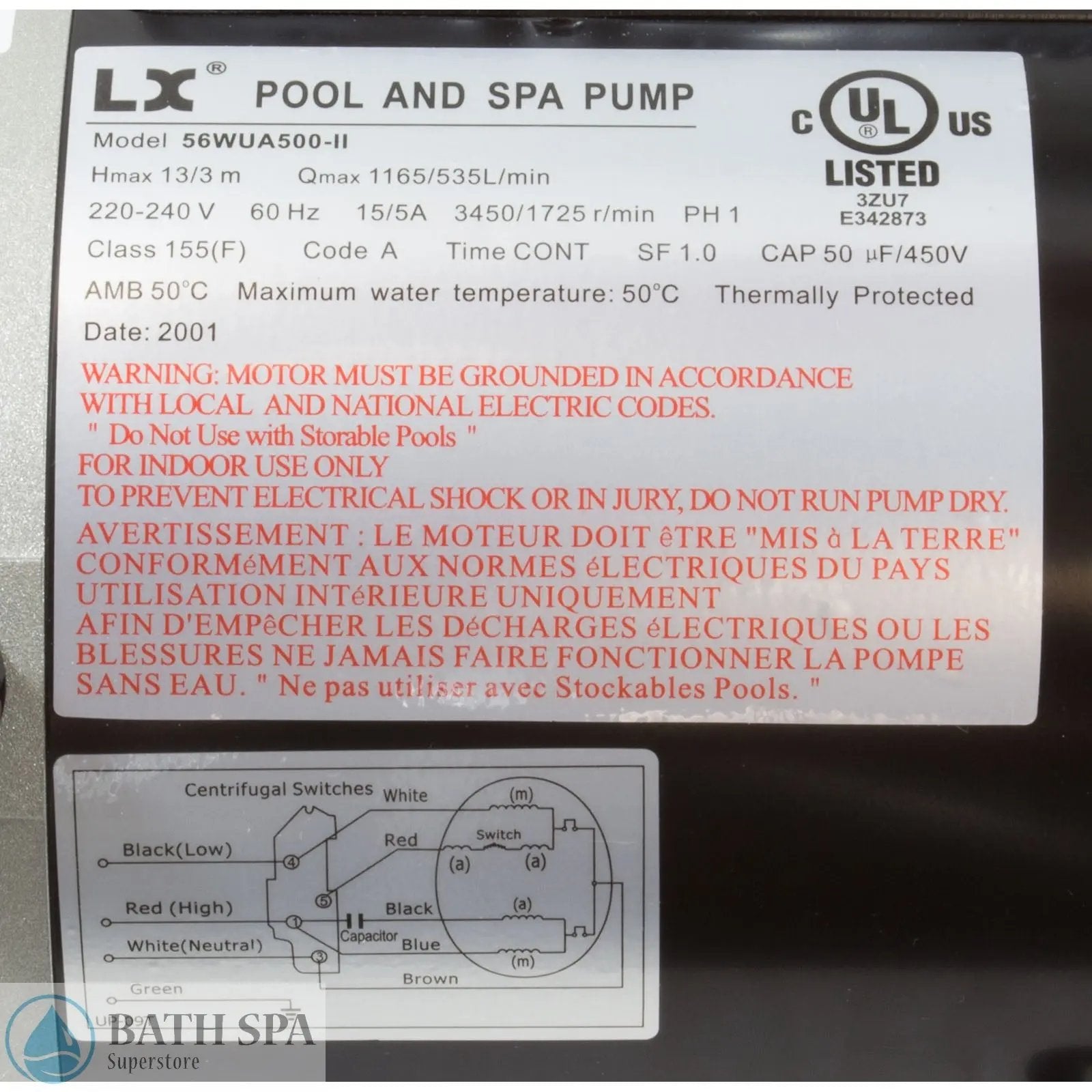 Energy Savers Spa Pump 5.0HP, 230V, 15A, 1-Spd, 2.5" (56WUA500-I) Spa Pumps & Parts: Spa Pumps (Guangdong Lingxiao LX Pumps) 56WUA500-II_Label