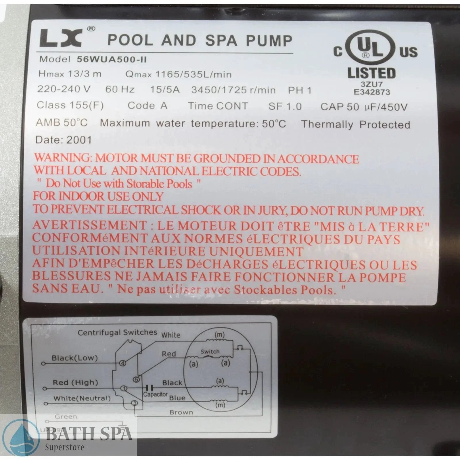 Energy Savers Spa Pump 5.0HP, 230V, 15A, 1-Spd, 2.5" (56WUA500-I) Spa Pumps & Parts: Spa Pumps (Guangdong Lingxiao LX Pumps) 56WUA500-II_Label