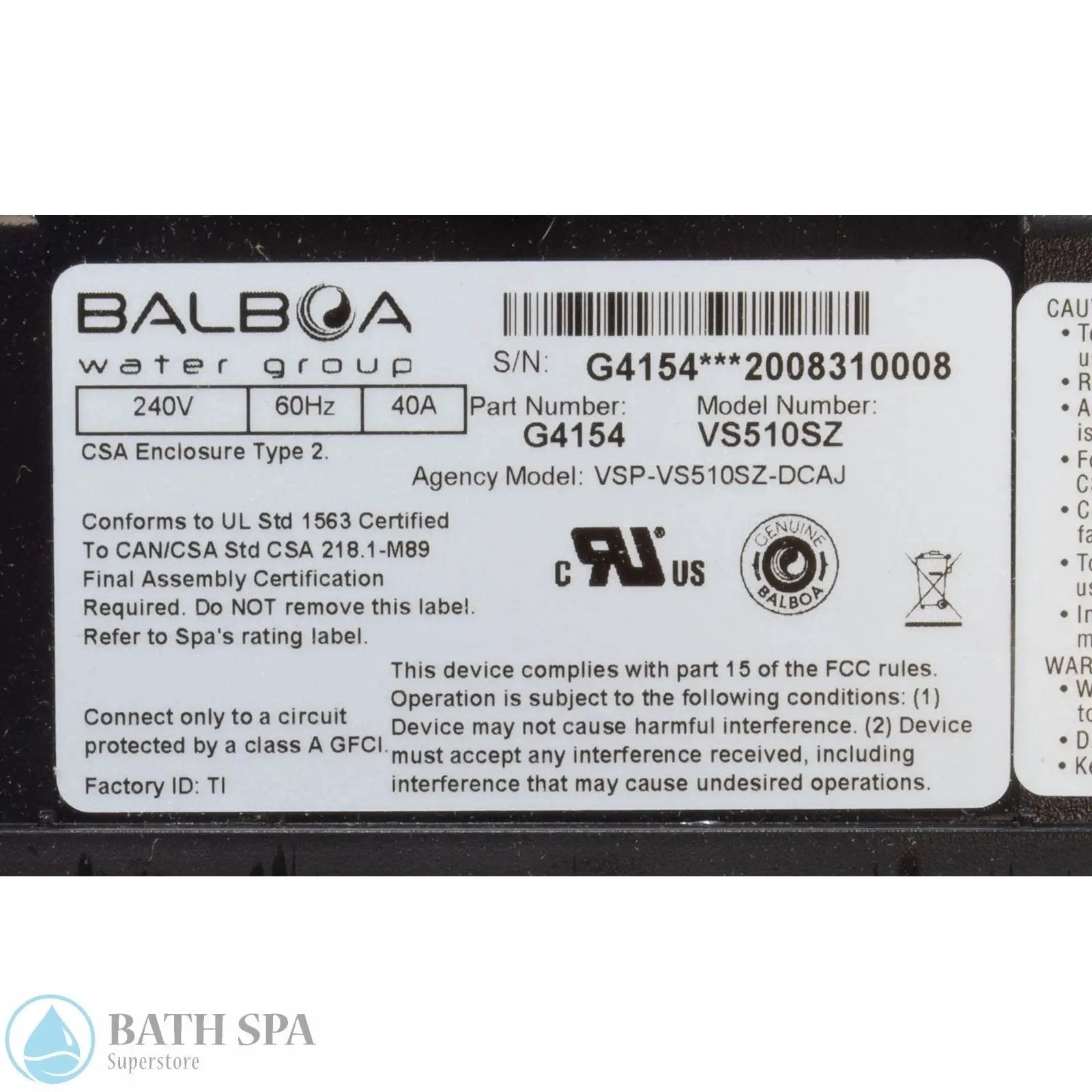 Balboa Spa Control, BWG VS510SZ, P1, P2, Bl, Oz, Lt, 4kW, 230v Spa Controls 58-138-3212_2-MANLABEL__XL