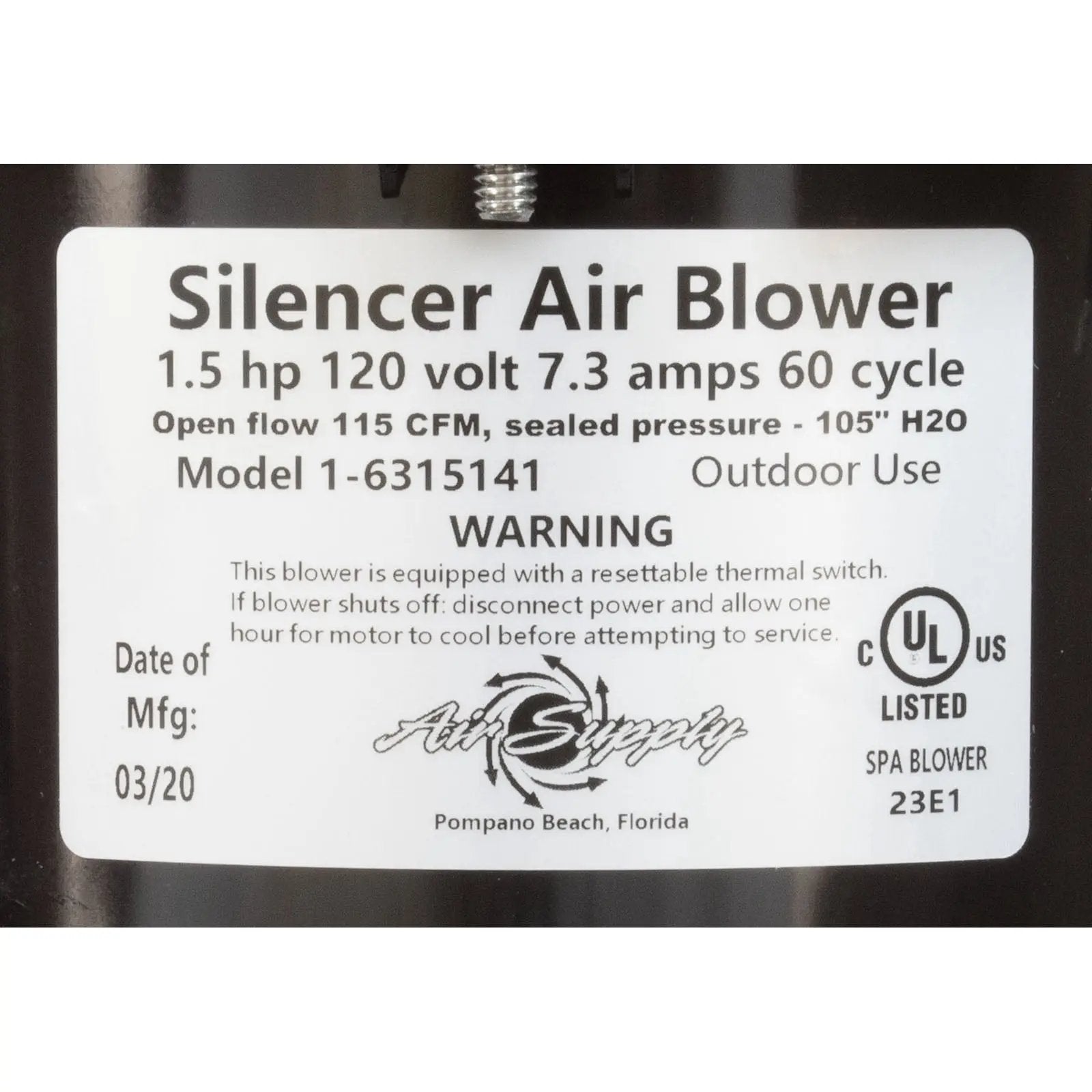 Silencer Air Blower - 1.5HP, 120V, 7.3 Amps (6315141) Spa Parts 6315141_label