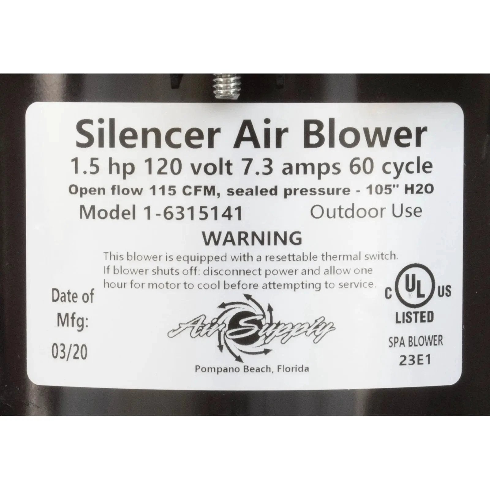 Silencer Air Blower - 1.5HP, 120V, 7.3 Amps (6315141) Spa Parts 6315141_label