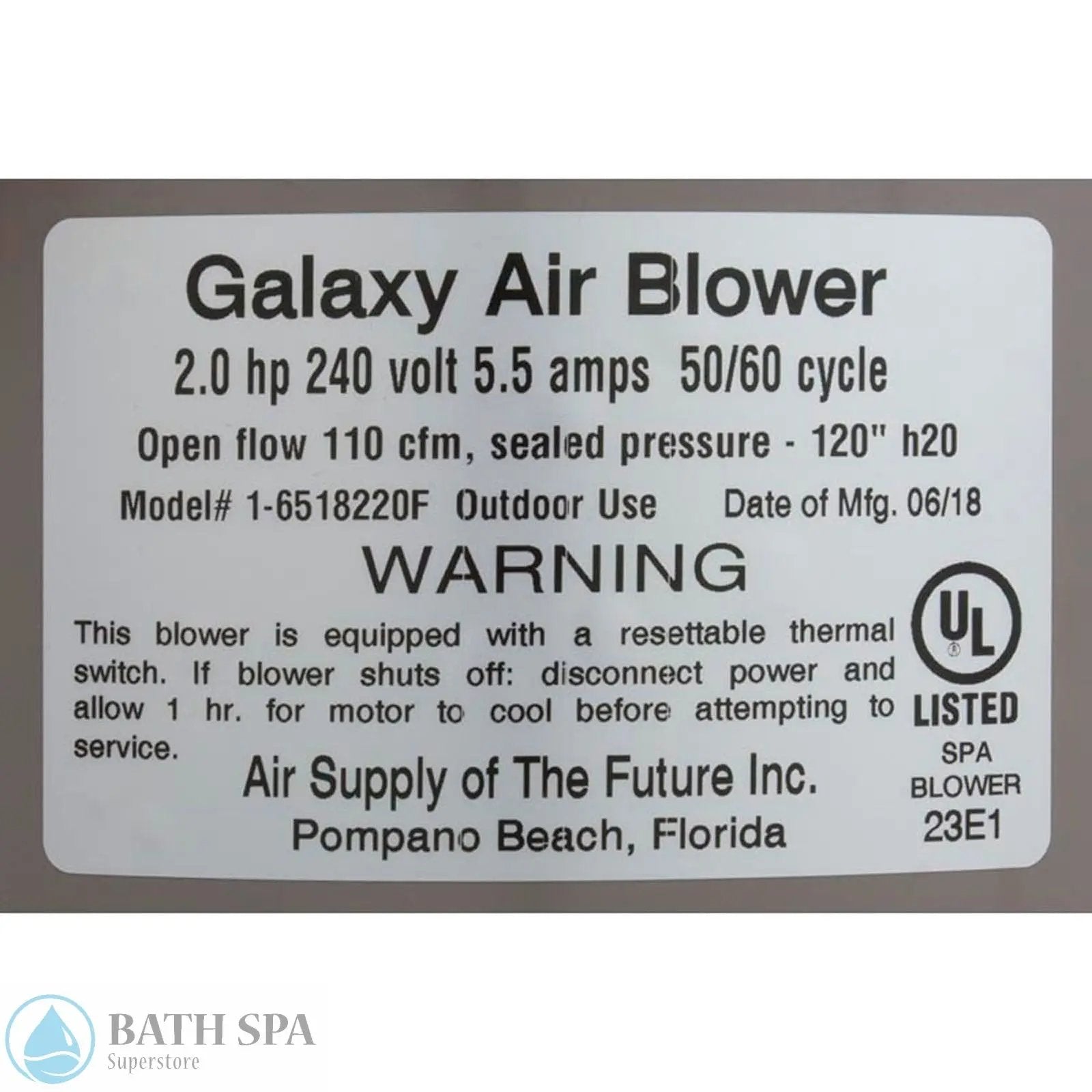 Galaxy Air Blower - 2.0HP, 240V, 5.5a Outdoor (6520231) Spa Parts 6520231-label