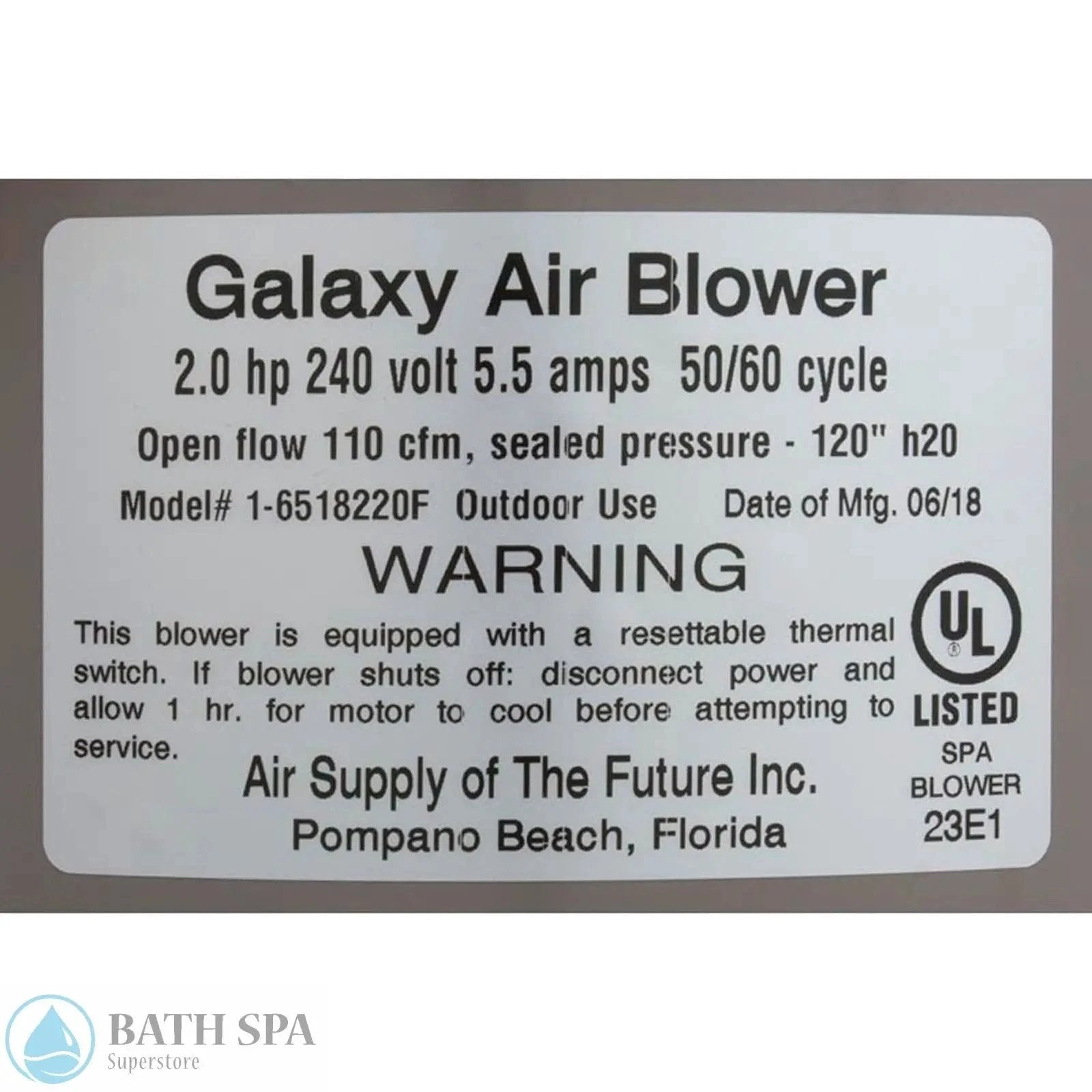 Galaxy Air Blower - 2.0HP, 240V, 5.5a Outdoor (6520231) Spa Parts 6520231-label