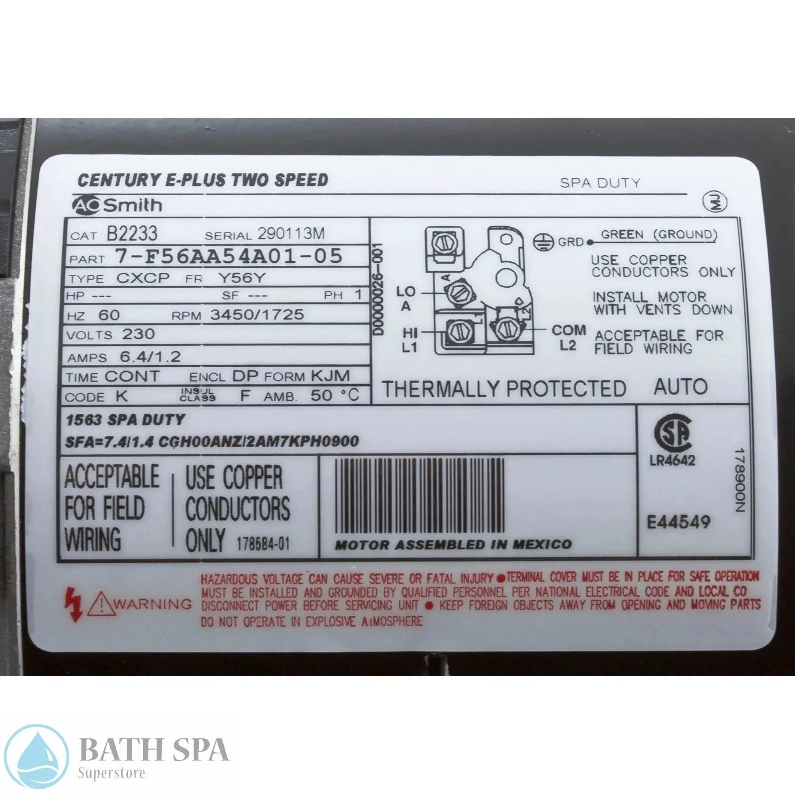 A O Smith Century Motor 2 HP 2S 56F Through Bolt 230V B233 Industrial Grade Electric Motor Spa Pumps & Parts: Spa Pump Motors (56-Frame) B2233_Lable