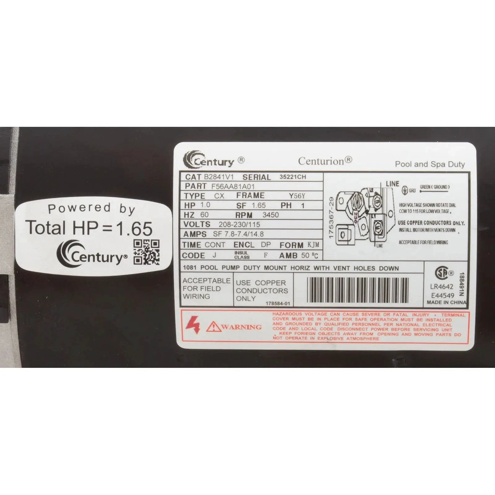 A.O. Smith Century 1 HP Pool Motor 1 Speed Square Flange 56Y 115/230V 1-Phase 14.8A 7.8-7.4A B2841 Spa Pumps & Parts: Spa Pump Motors (Square Flange) B2841V1