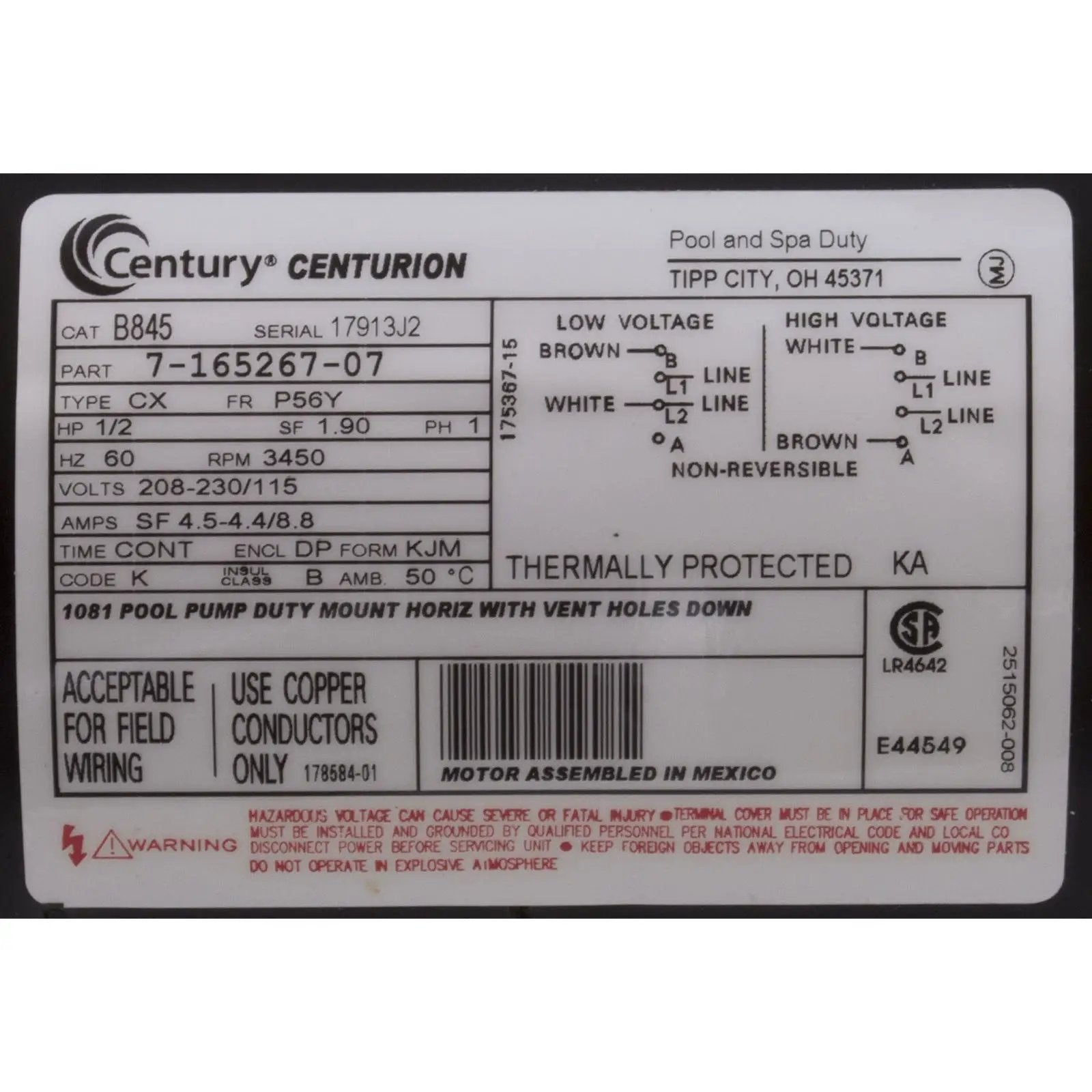 AOS Century Electric Motor Half HP 115 230V Square Flange 1S Shaft B845 Motor Single Phase by A.O. Smith (AOS) / Century Electrical