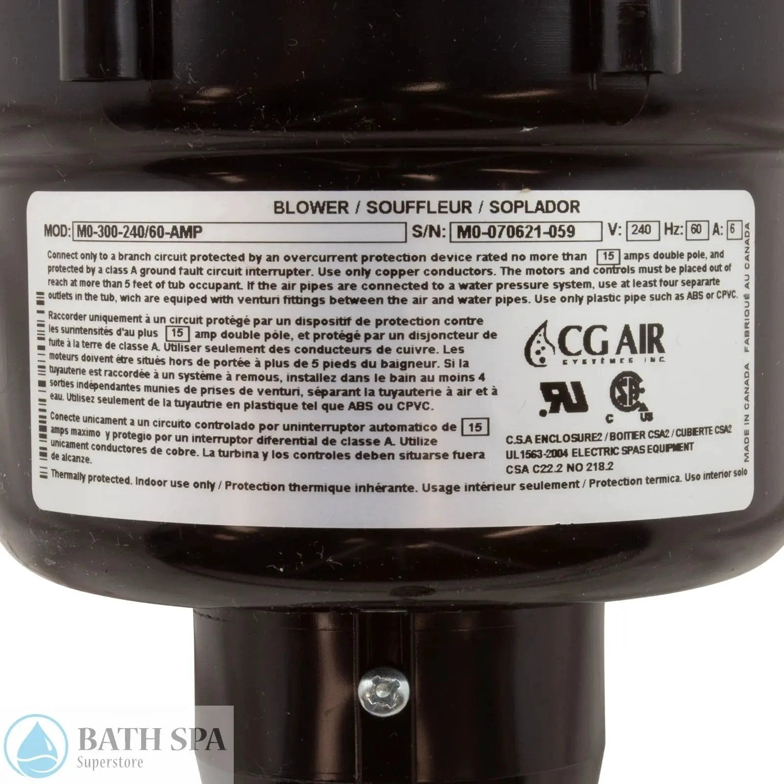 C.G. Air Millenium O Blower 230V 60Hz 6.0A Heater With 3 Foot Cord Muffler MO300 240 60A Spa Parts: Spa Air Blowers (Residential - Side Mount) MO300-240_60A_LABEL