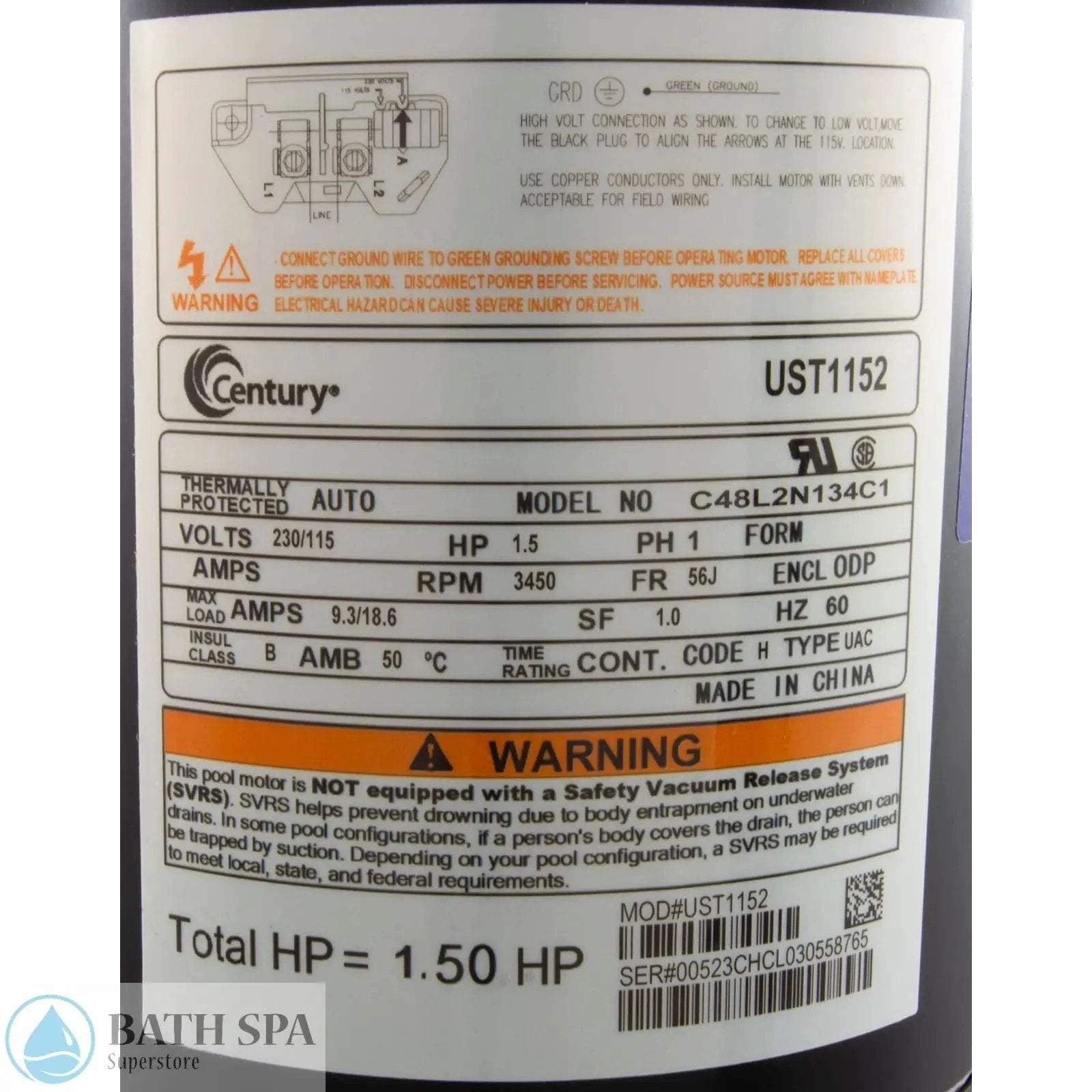 A.O. Smith Century 1.5 HP Electric Motor 56J Frame ST1152 High Reliability Industrial Grade Spa Pumps & Parts: Spa Pump Motors (56-Frame) UST1152_2-MANLABEL__XL