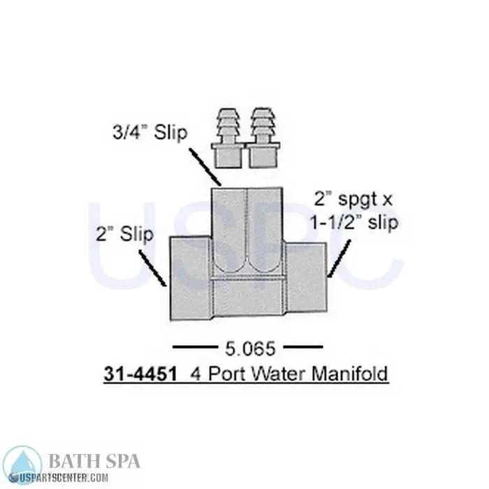 HAI Water Manifold - 2" x 1-1/2" slip (2" spg) x (4) 3/4" Spa Parts 31-4451parts