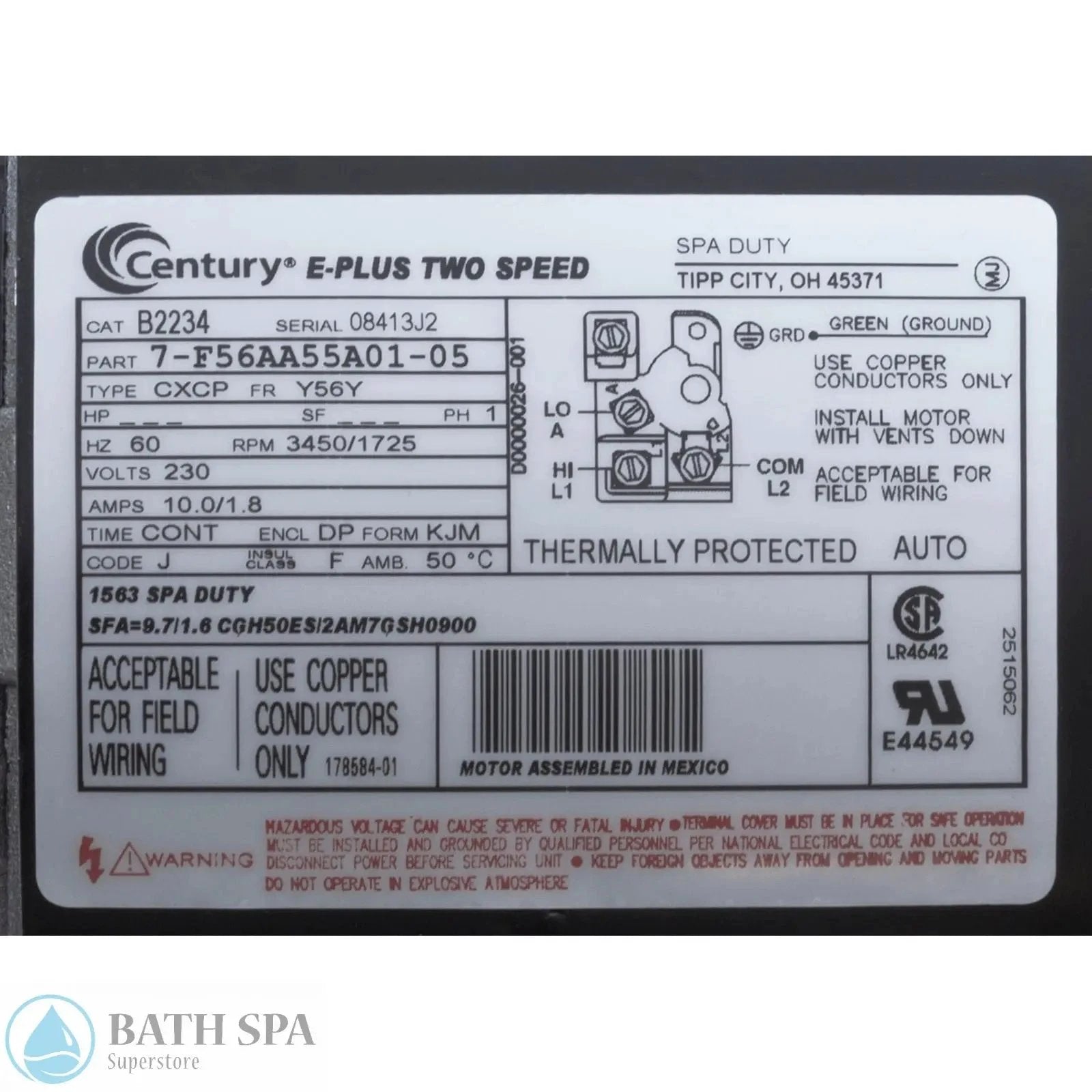 AO Smith Century Motor 3.0 HP 2S 56F Thru Bolt 230V Industrial Replacement B2234 Spa Pumps & Parts: Spa Pump Motors (56-Frame) 35-126-1154_2-MANLABEL__XL