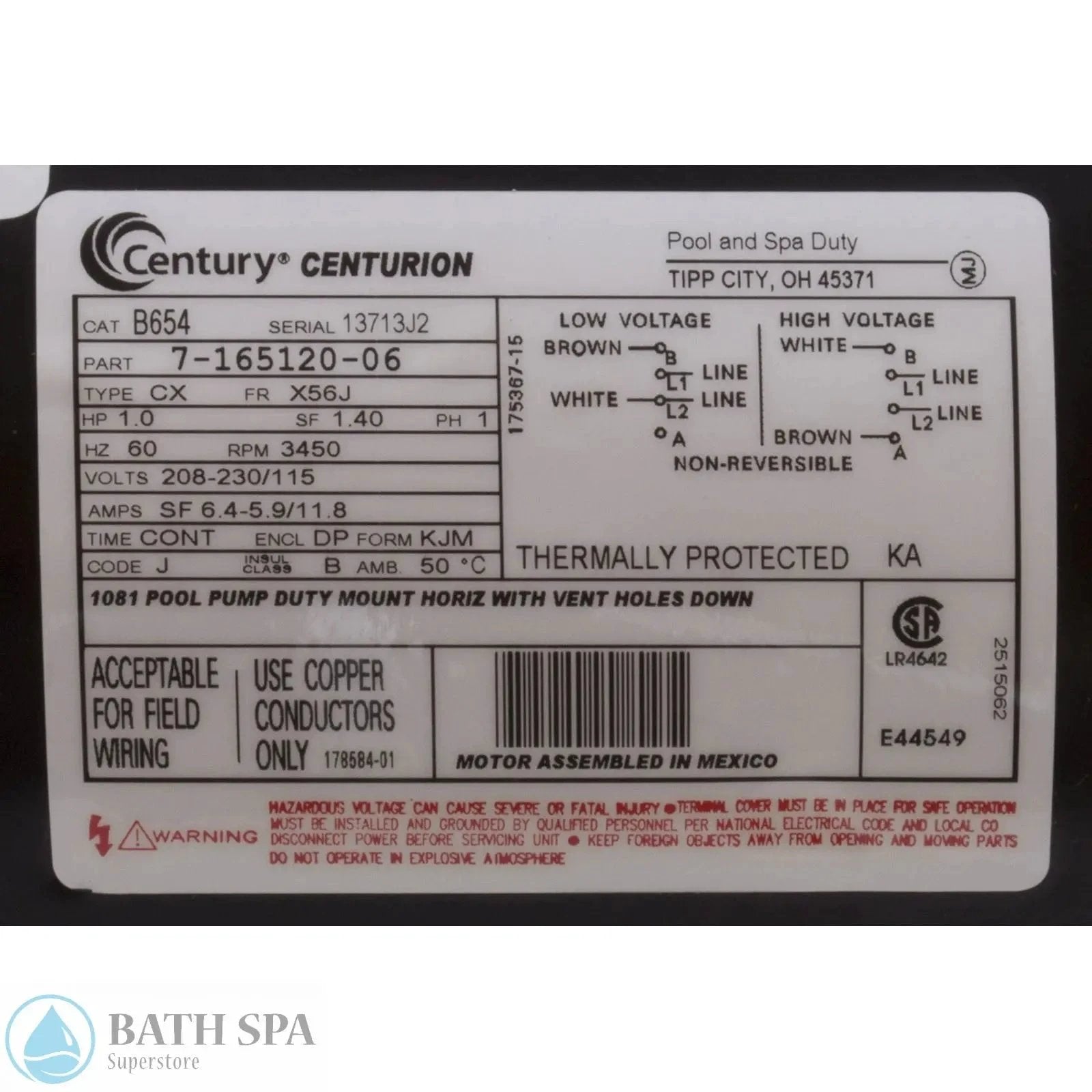 AO Smith Century C Face 1 HP Pool Motor 56J 115 230V Single Phase Threaded Shaft Spa Pumps & Parts: Spa Pump Motors (C-Face) 35-126-1374_2-MANLABEL__XL