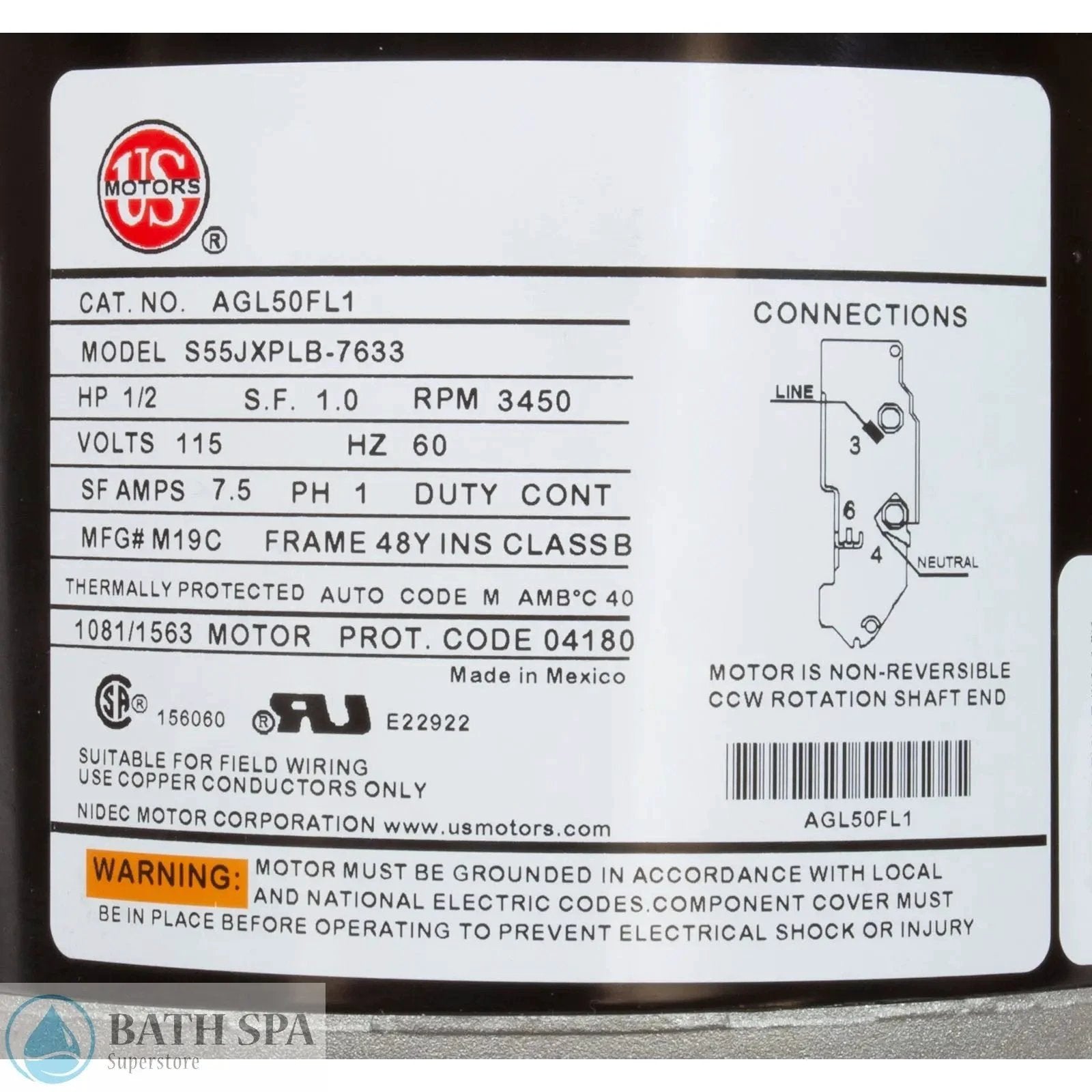 Nidec Motor Corp US Motors Spa Motor Half HP 48Y Frame 115V Single Phase Threaded Shaft Spa Pumps 35-184-3002_2-MANLABEL__XL