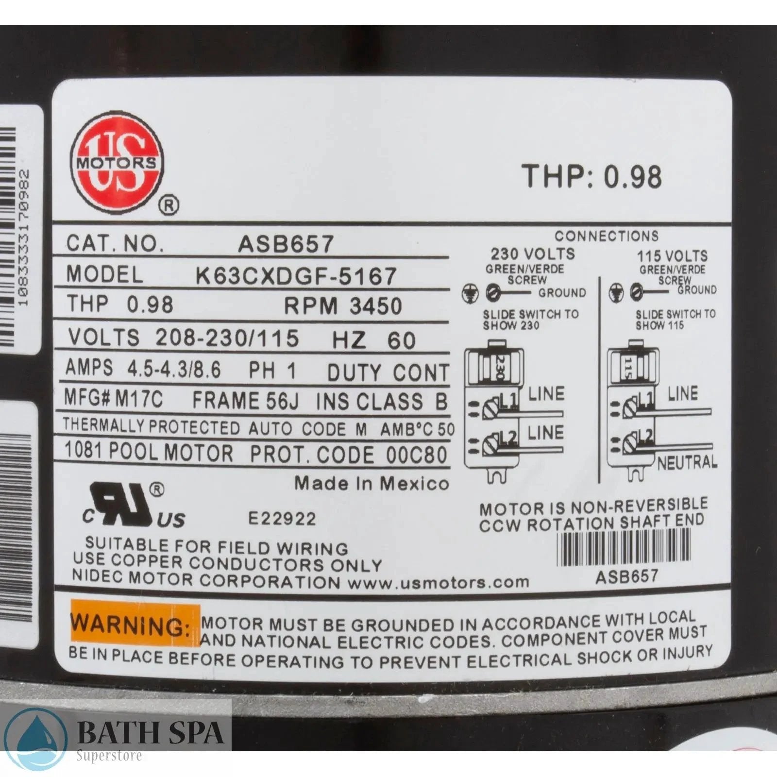 US Motor C Face Half HP Electric Motor 1S Threaded Shaft 115 230 Volt Single Phase Industrial Grade Spa Pumps & Parts: Spa Pump Motors (C-Face) 35-184-3657_2-MANLABEL__XL