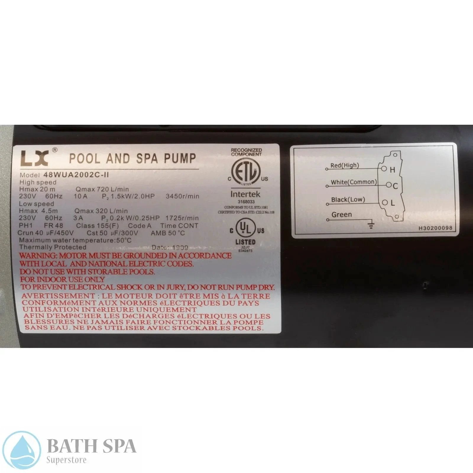 Energy Savers LX Series Spa Pump (48WUA2002C-II) Bracketless Spa Pumps & Parts: Spa Pumps (Guangdong Lingxiao LX Pumps) 48WUA2002C-II_NF_2-MANLABEL__XL