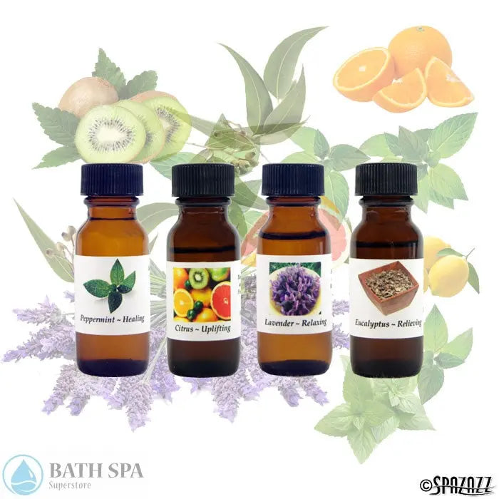 Spazazz 100% Aromatherapy Oils 4 Set! (Citrus/Eucalyptus/Peppermint/Lavender) Aromatherapy: Spazazz Aromatherapeutic Oils AromatherapyOilsHalfOunceGroupCombo700x700B