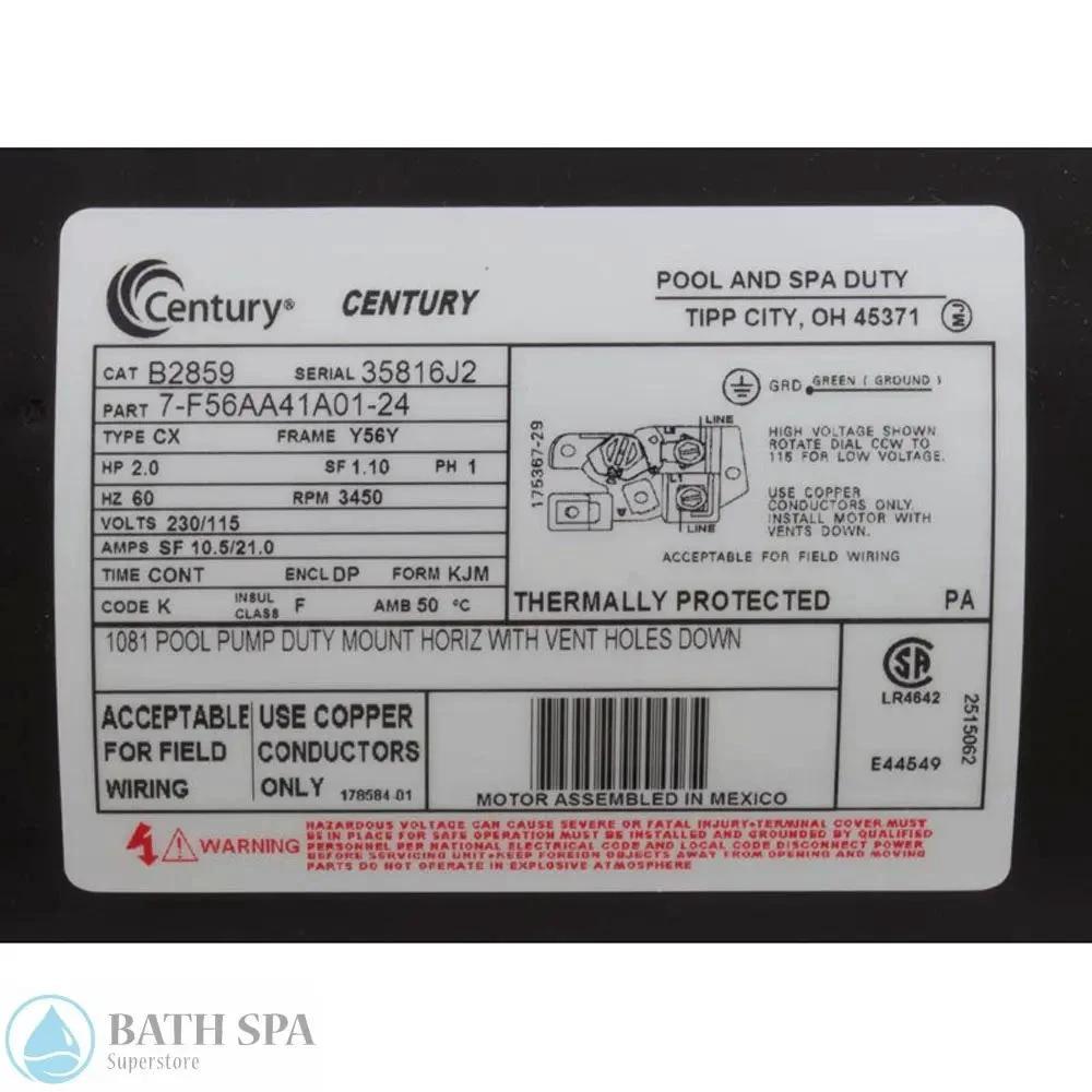 A.O. Smith Century Replacement Motor 2.0 HP Square Flange 56Y Frame Dual Voltage 115V 230V Single Phase Spa Pumps & Parts: Spa Pump Motors (Square Flange) B2859_label