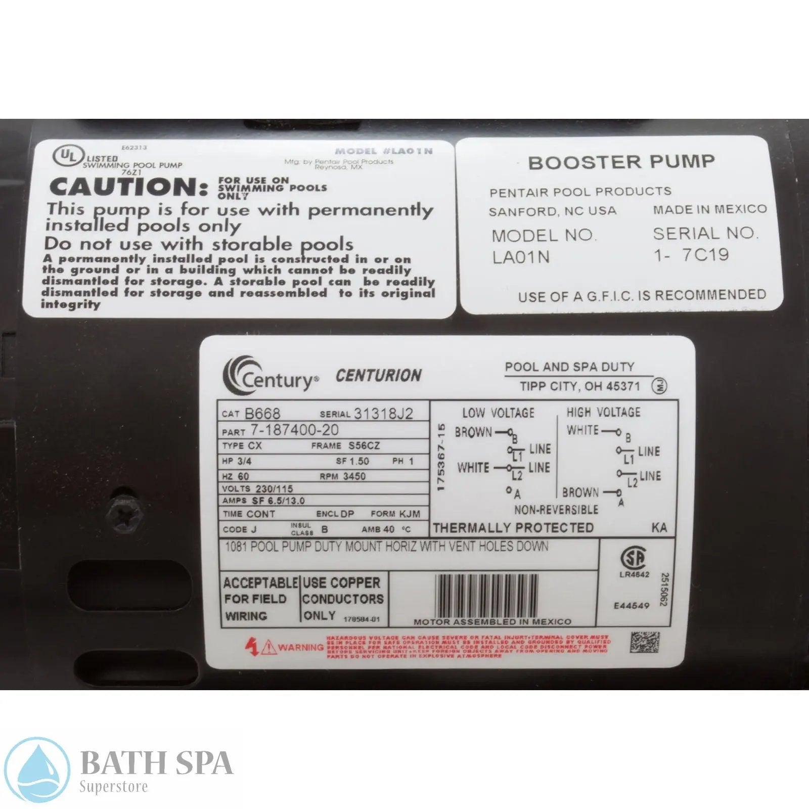 Pump, Booster, Pentair Letro, 0.75hp, 115v/230v, OEM (LA01N) Spa Pumps & Parts: Spa Booster Pumps LA01N_label