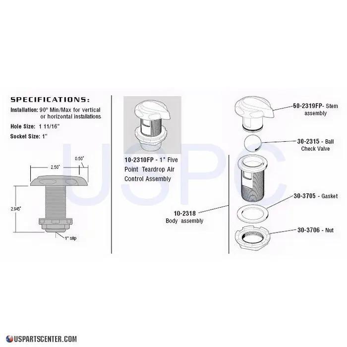 Slimline 1" FP Teardrop Air Control Spa Parts ac-slimline-tear