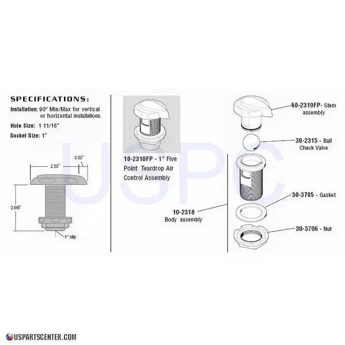 Slimline 1" FP Teardrop Air Control Spa Parts ac-slimline-tear