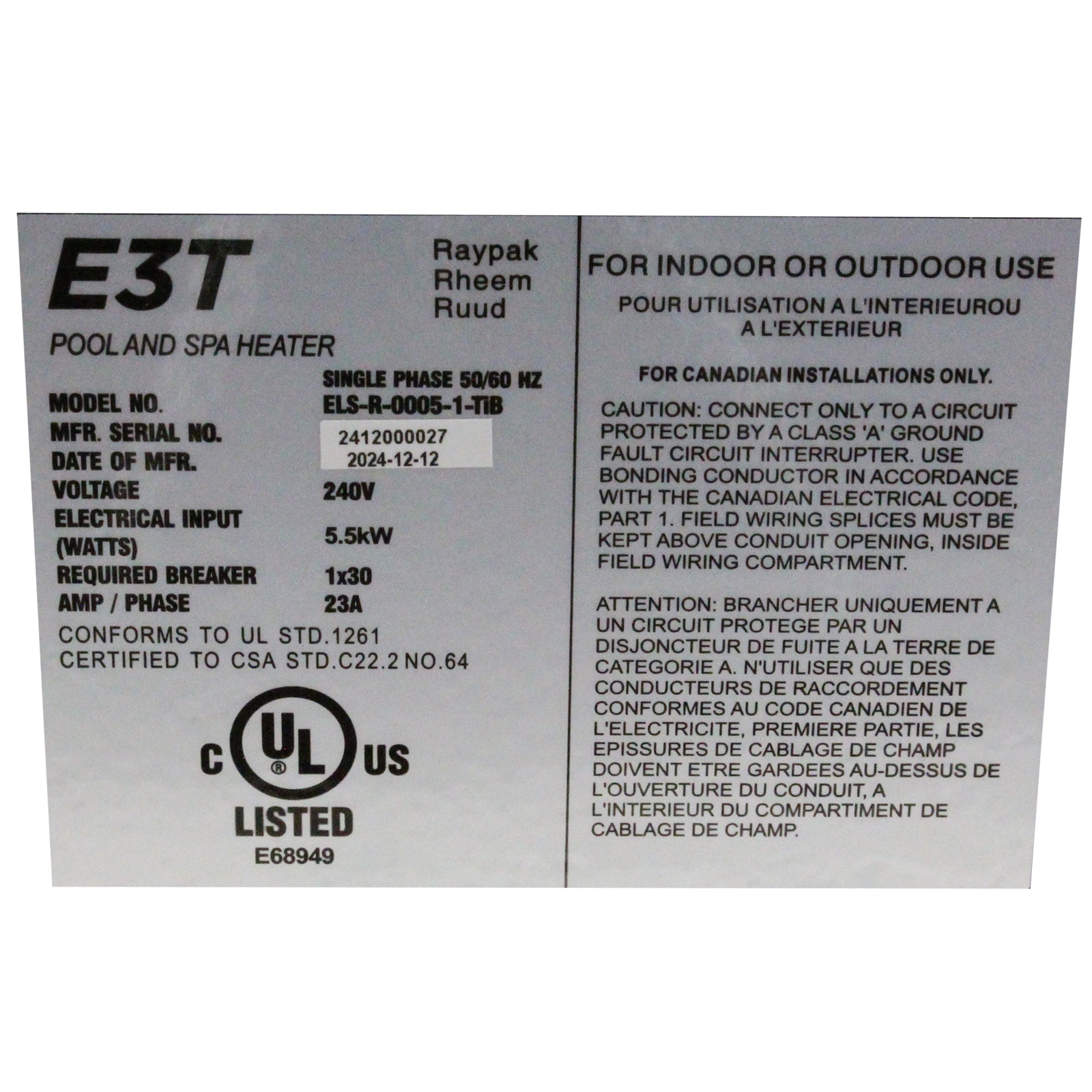 Raypak 5.5Kw Digital E3T Spa Heater [240V] (100-10000662) Spa Parts: Spa Heaters (Gas Heater Parts) 100-10000662-LABEL