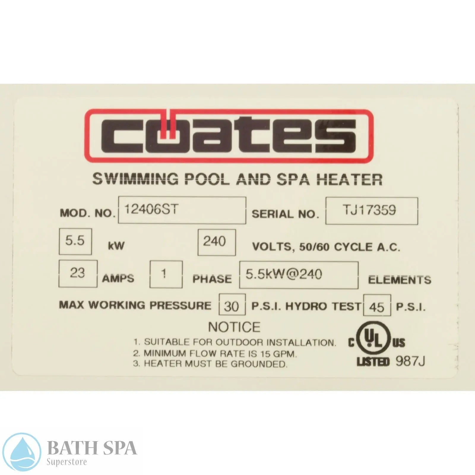 Coates 5.5kW Heater [240v] Single Phase (12406ST) Spa Parts: Spa Heaters (Electric Heaters Complete) 12406ST_LABEL
