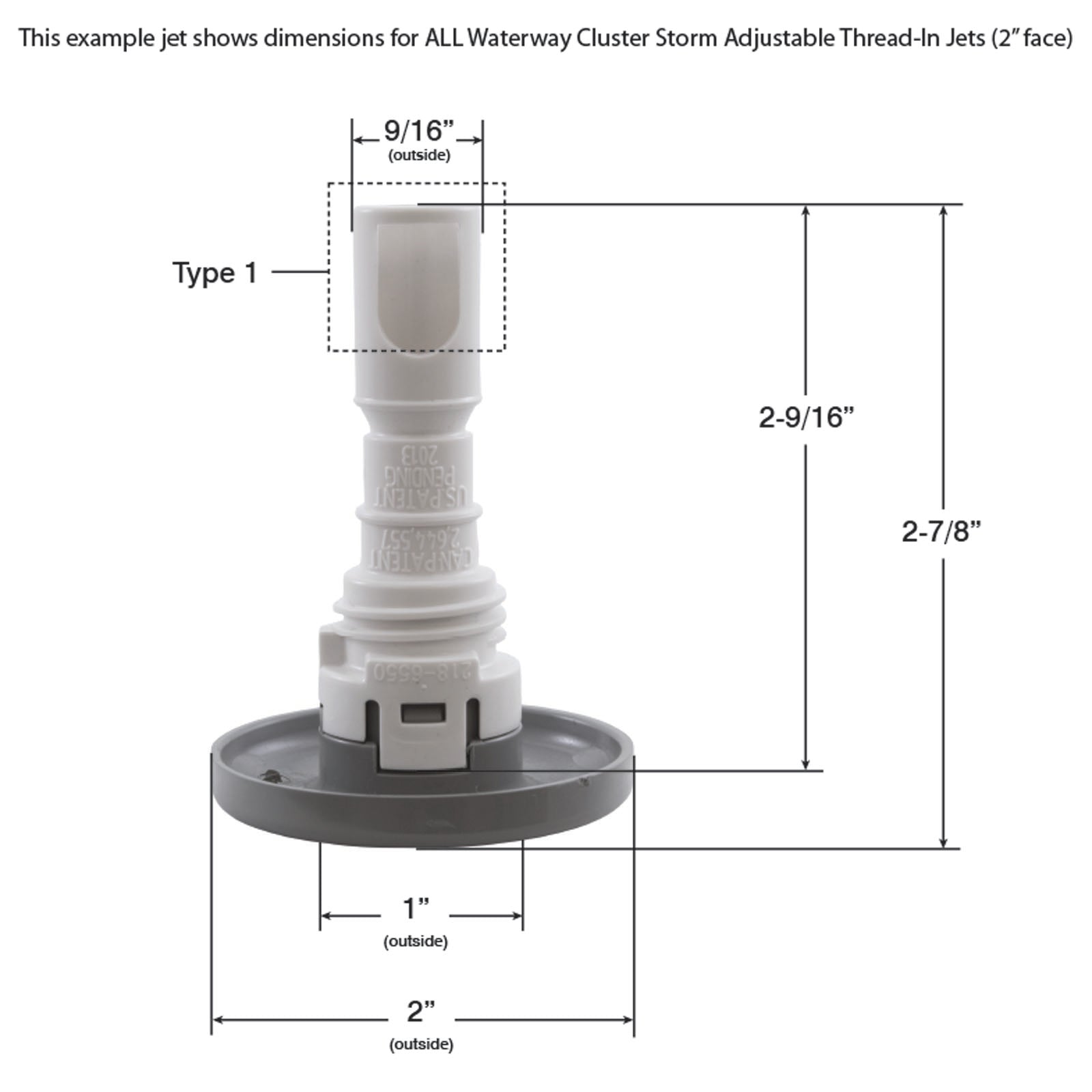 Waterway Cluster Storm Jet Internal [2" FD] [Twin Roto] [5 Pt. Scallop] [Threaded] [Grey] (229-1597) Spa Parts: Spa Jets (Waterway Adjustable Cluster Storm Jets) 229-1597-DIMENSIONS