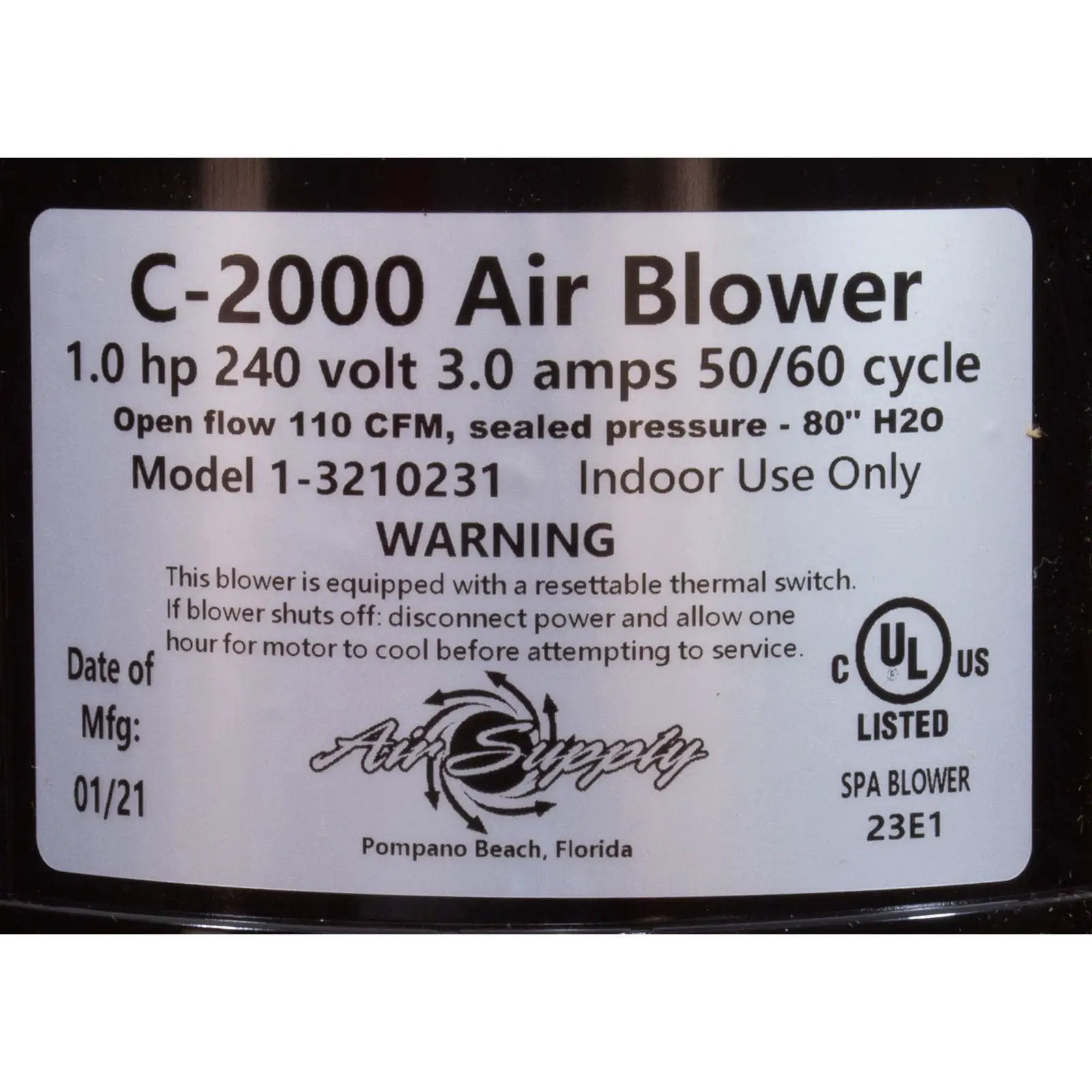 Comet 2000 Air Blower for Portable Spas 1.0HP 240V 3.5 AMPS Spa Equipment by Air Supply of the Future