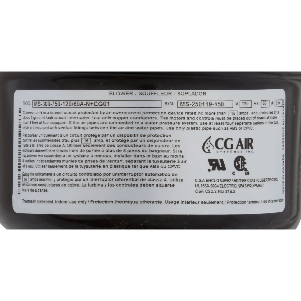 Air Blower CG Air Millenium Variable Speed 115V 9.5A [MS-300-750-120/60A-N+CG1] Bath Parts: Bath Air Blowers 34-122-1070_2-MANLABEL__XL