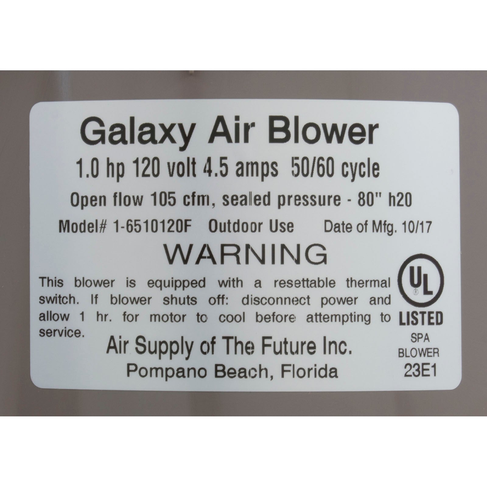 Air Supply Galaxy 1.0 HP Air Blower [110/120V] [4.5 Amps] (6510131)