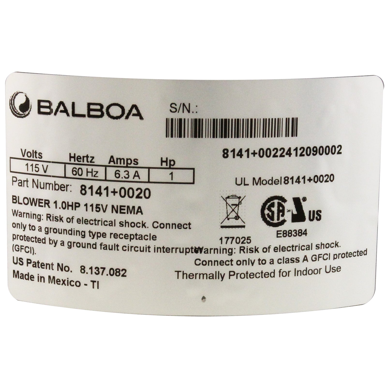 Balboa 1.0 HP Quiet-Flo Air Blower [115v] (8141+0020) Bath Parts: Bath Air Blowers 34-138-1210_4-LABEL__XL