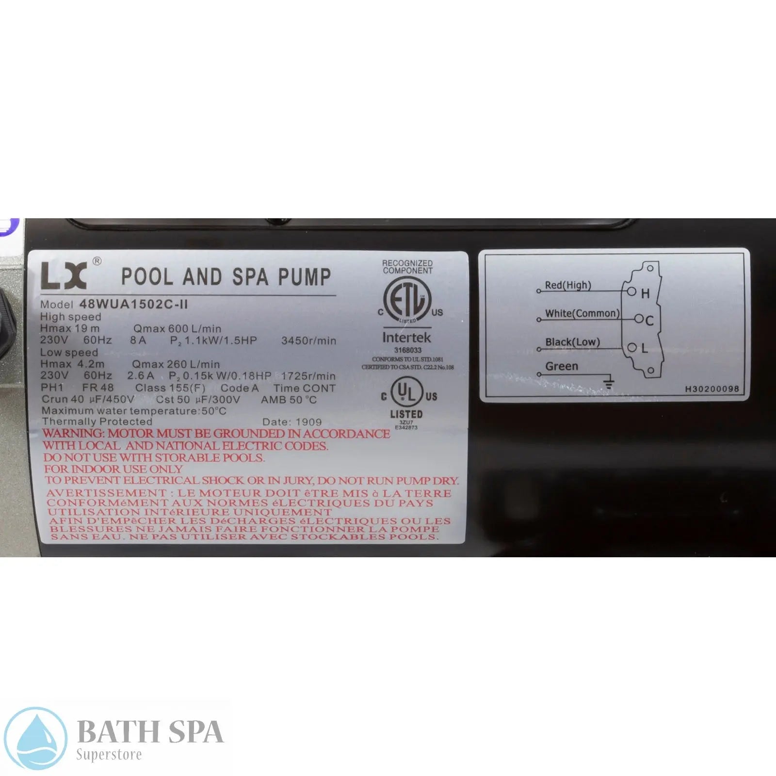 Energy Savers LX 48WUA 1.5HP, 48fr, 230v, 8.0/2.6a, 2-Spd, 2" SD (48WUA1502C-II) Spa Pumps & Parts: Spa Pumps (Guangdong Lingxiao LX Pumps) 34-343-1030_2-MANLABEL__XL