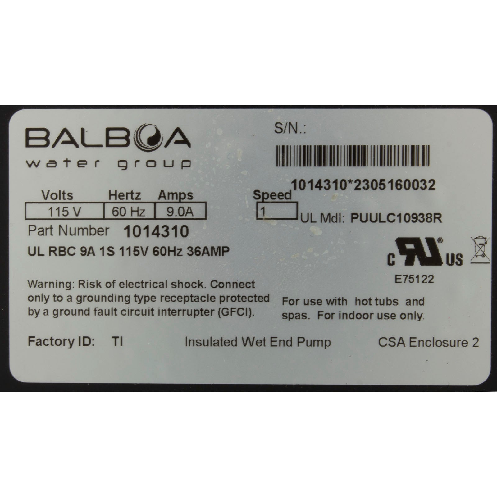 Balboa Ultima Circ Pump 1.0 hp [9a] [1 Spd] [1.5"][115v] (1014310)